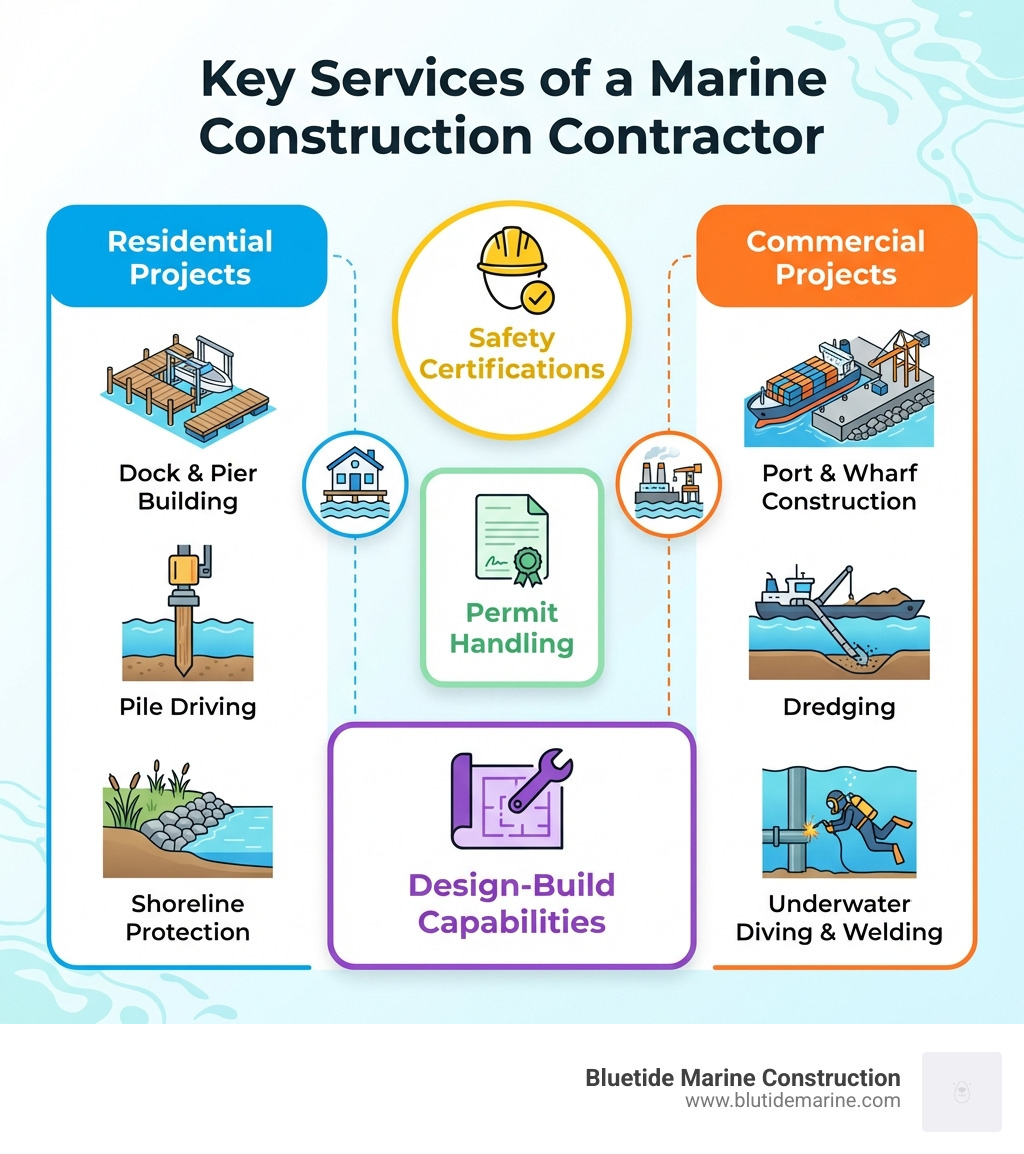 Infographic showing the key services of a marine construction contractor including dock and pier building, pile driving, dredging, shoreline protection, underwater diving and welding, and port and wharf construction — organized by residential vs. commercial project type, with callouts for safety certifications, permit handling, and design-build capabilities - marine construction contractor infographic Infographic showing the key services of a marine construction contractor including dock and pier building, pile driving, dredging, shoreline protection, underwater diving and welding, and port and wharf construction — organized by residential vs. commercial project type, with callouts for safety certifications, permit handling, and design-build capabilities - marine construction contractor infographic