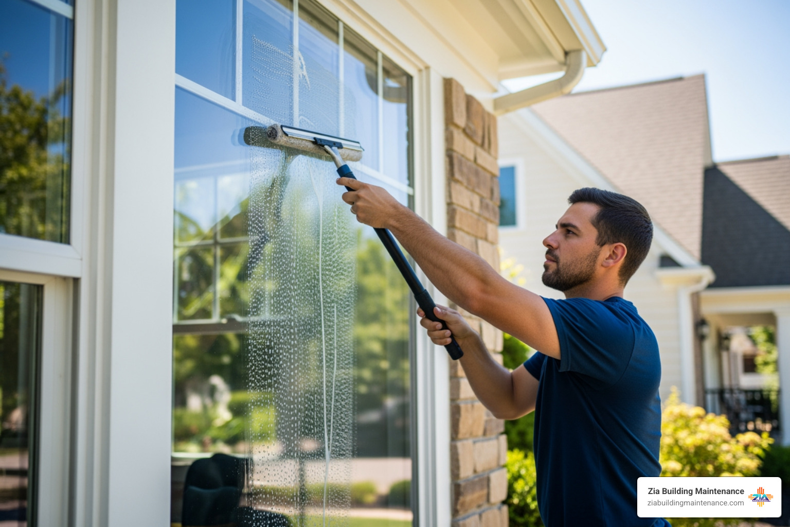 Professional window cleaner using a squeegee on a large glass pane - residential window cleaning prices Professional window cleaner using a squeegee on a large glass pane - residential window cleaning prices