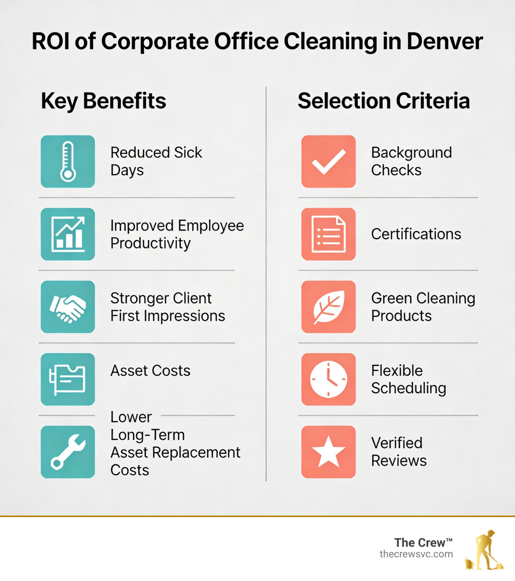 Infographic showing the ROI of corporate office cleaning in Denver: reduced sick days, improved employee productivity, stronger client first impressions, lower long-term asset replacement costs, and key selection criteria including background checks, certifications, green products, flexible scheduling, and verified reviews - corporate office cleaning denver infographic 