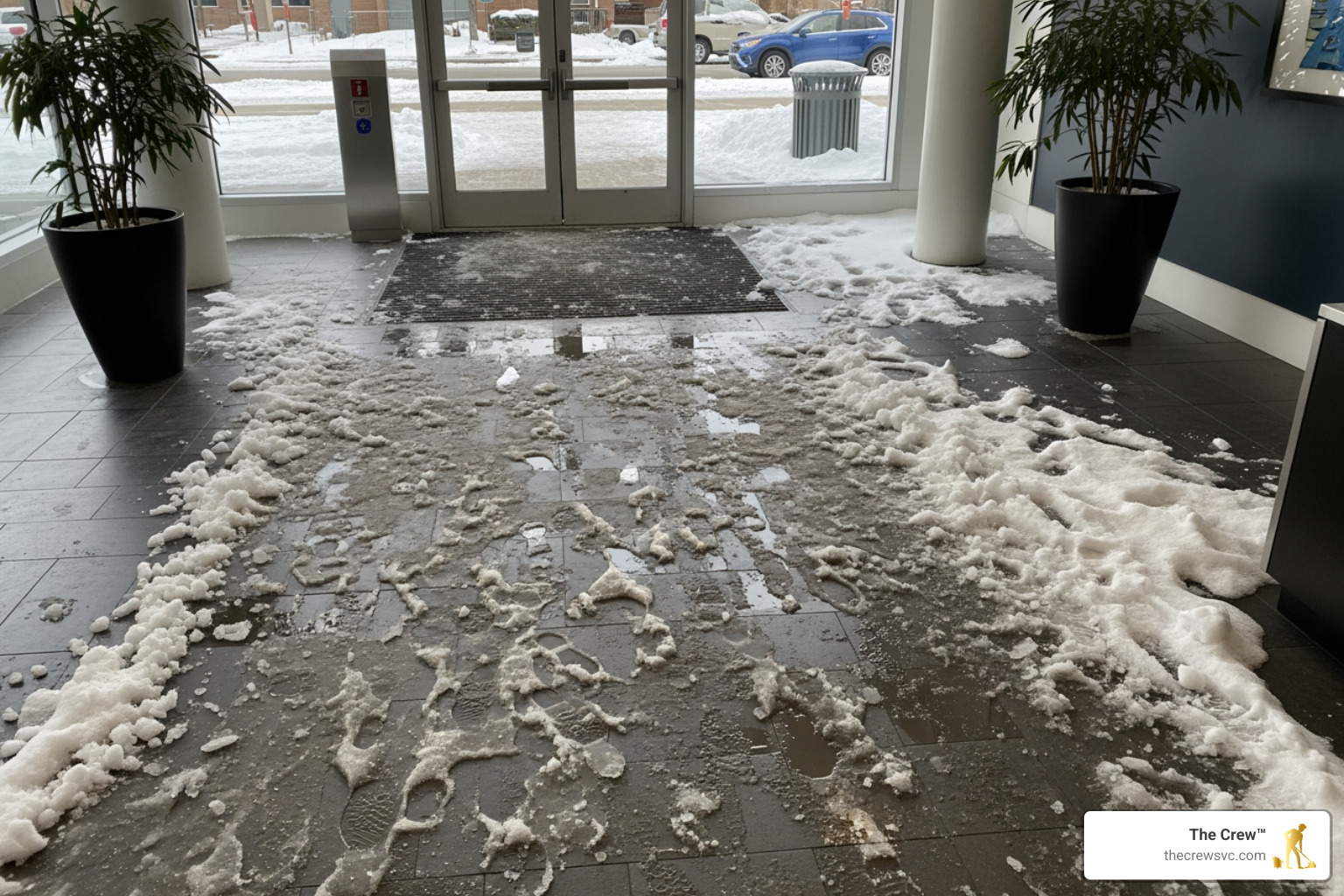 snow-tracked office lobby - corporate office cleaning denver
