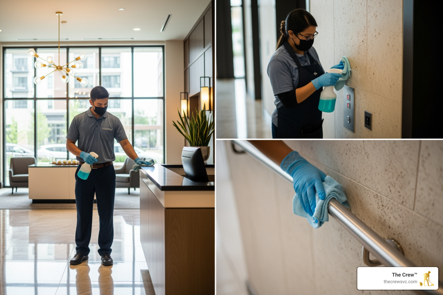 professional cleaner sanitizing high-touch surfaces in a residential lobby - apartment building cleaning services