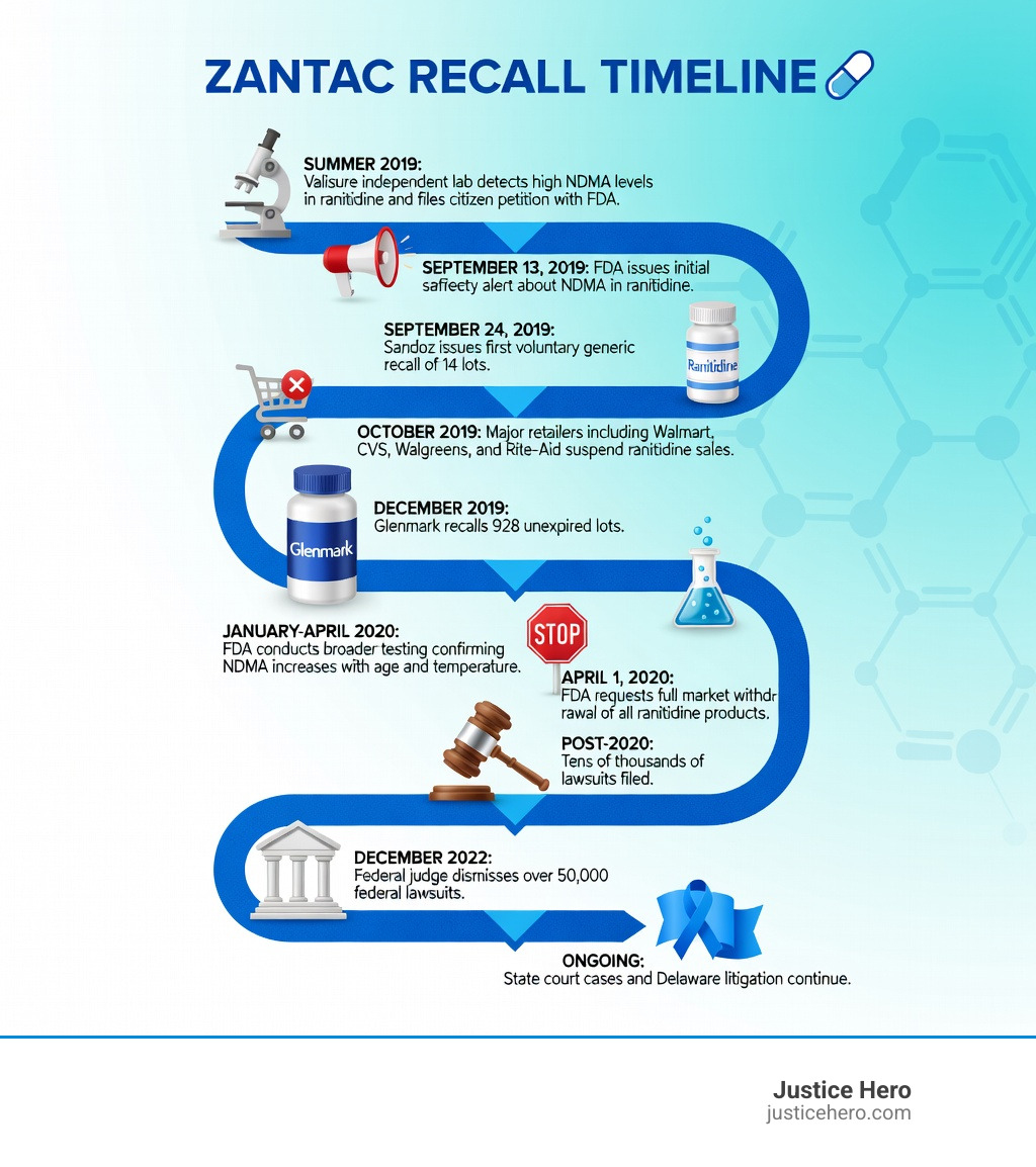 Zantac recall timeline infographic showing key dates: Summer 2019 - Valisure independent lab detects high NDMA levels in ranitidine and files citizen petition with FDA; September 13, 2019 - FDA issues initial safety alert about NDMA in ranitidine; September 24, 2019 - Sandoz issues first voluntary generic recall of 14 lots; October 2019 - Major retailers including Walmart, CVS, Walgreens, and Rite-Aid suspend ranitidine sales; December 2019 - Glenmark recalls 928 unexpired lots; January-April 2020 - FDA conducts broader testing confirming NDMA increases with age and temperature; April 1, 2020 - FDA requests full market withdrawal of all ranitidine products; Post-2020 - Tens of thousands of lawsuits filed; December 2022 - Federal judge dismisses over 50,000 federal lawsuits; Ongoing - State court cases and Delaware litigation continue - zantac recall infographic 