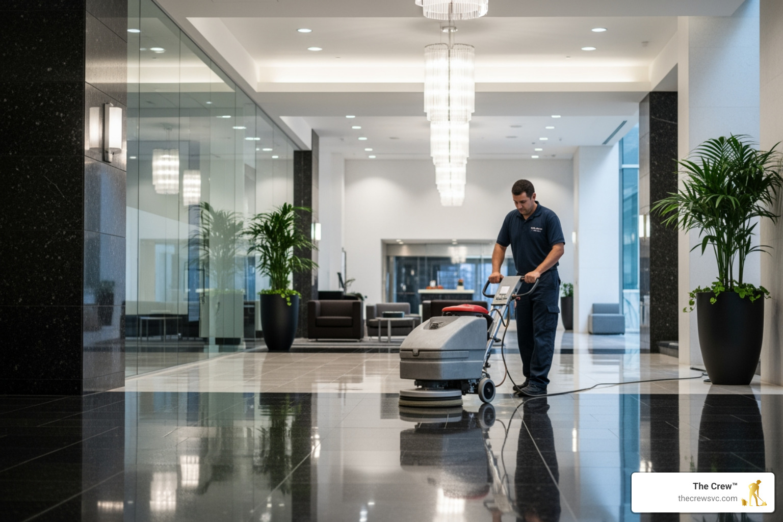 Professional floor buffing machine being operated on a commercial lobby floor to restore its high-gloss finish and protect the surface from daily foot traffic wear and tear - building cleaning services Professional floor buffing machine being operated on a commercial lobby floor to restore its high-gloss finish and protect the surface from daily foot traffic wear and tear - building cleaning services