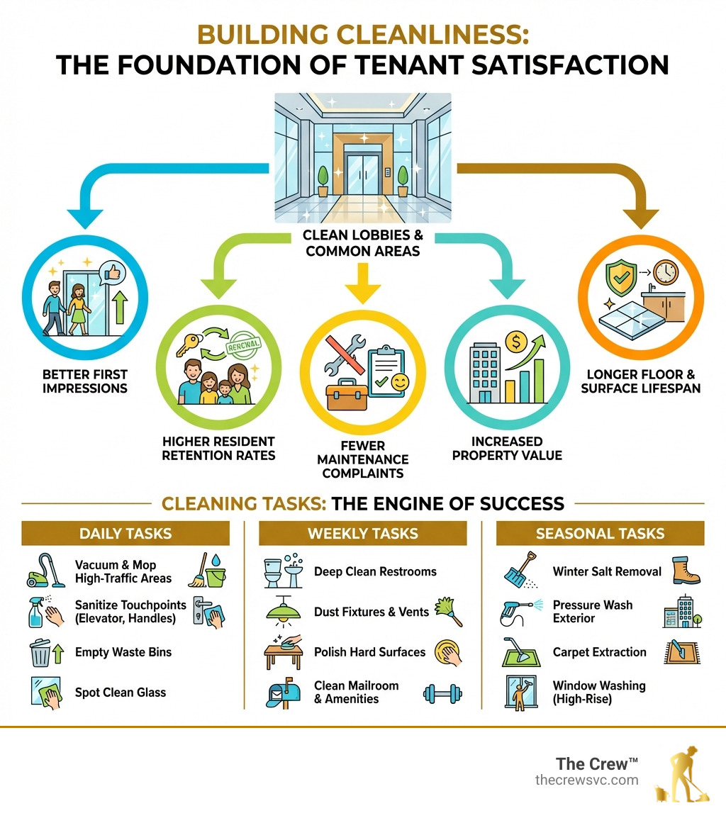 Infographic showing the connection between building cleanliness and tenant satisfaction: clean lobbies and common areas lead to better first impressions, higher resident retention rates, fewer maintenance complaints, increased property value, and longer floor and surface lifespan — with a breakdown of daily, weekly, and seasonal cleaning tasks that drive these outcomes - apartment building cleaning services infographic 
