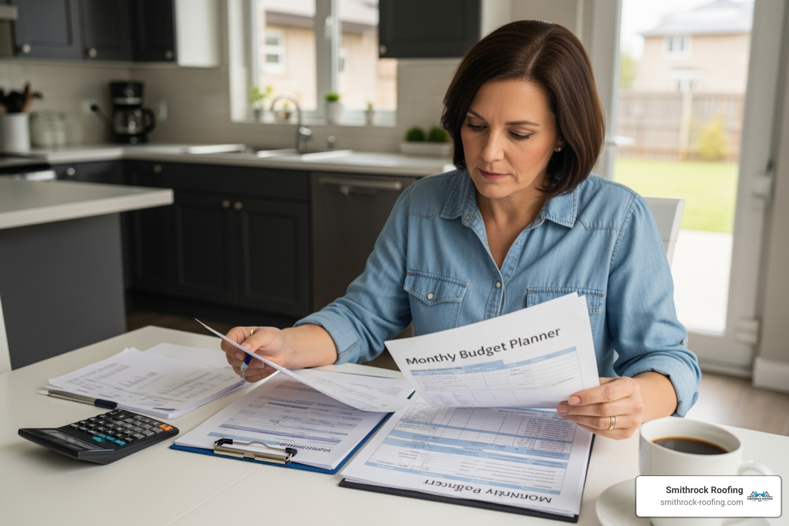 Homeowner reviewing financial documents and monthly budget for home improvement - roof replacement payment plans