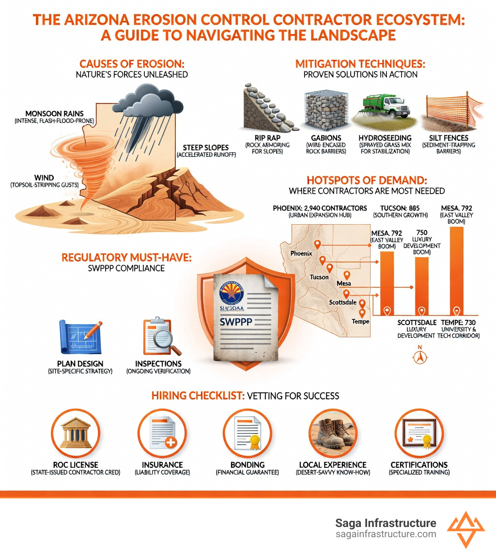 Infographic showing the Arizona erosion control contractor landscape: a vertical flowchart with five labeled sections — (1) Why erosion happens in Arizona: monsoon rains, wind, steep slopes; (2) Most common methods: rip rap, gabions, hydroseeding, silt fences; (3) Top cities by contractor demand: Phoenix 2940 contractors, Tucson 885, Mesa 792, Scottsdale 750, Tempe 730; (4) Key compliance requirement: SWPPP plan design and inspections; (5) What to check before hiring: ROC license, insurance, bonding, local experience, certifications - erosion control contractors Arizona infographic 