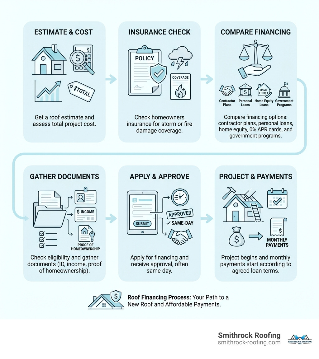 Step-by-step infographic showing the roof financing process: Step 1 - Get a roof estimate and assess total project cost; Step 2 - Check homeowners insurance for storm or fire damage coverage; Step 3 - Compare financing options including contractor plans, personal loans, home equity loans, 0% APR cards, and government programs; Step 4 - Check eligibility and gather documents such as ID, proof of income, and proof of homeownership; Step 5 - Apply for financing and receive approval, often same-day; Step 6 - Project begins and monthly payments start according to agreed loan terms - roof replacement payment plans infographic 