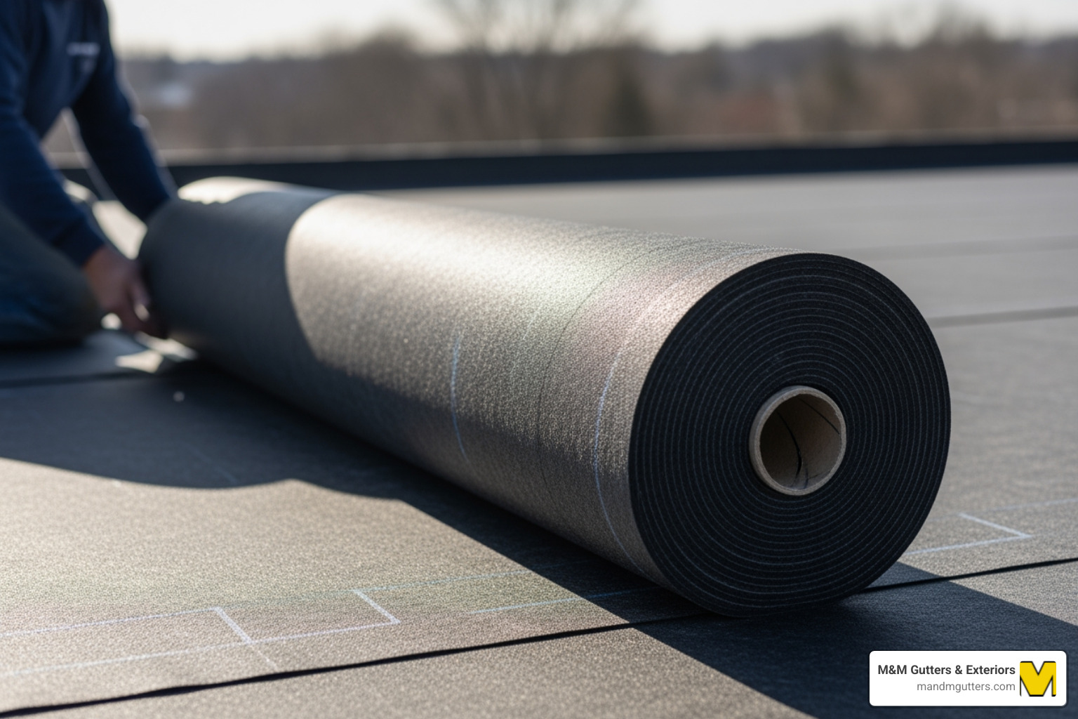 A pallet of 90 pound roofing felt rolls wrapped in plastic, ready for delivery to a residential job site - 90 pound roofing felt A pallet of 90 pound roofing felt rolls wrapped in plastic, ready for delivery to a residential job site - 90 pound roofing felt