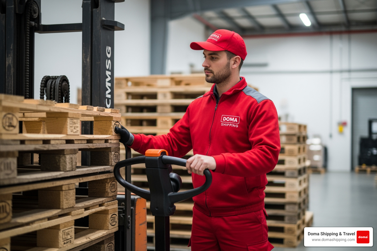 A professional logistics worker in a red Doma Shipping uniform and cap using a forklift to organize pallets in a clean, modern warehouse in the Chicago suburbs, preparing them for international transport to Europe - pallet shipping USA Poland A professional logistics worker in a red Doma Shipping uniform and cap using a forklift to organize pallets in a clean, modern warehouse in the Chicago suburbs, preparing them for international transport to Europe - pallet shipping USA Poland