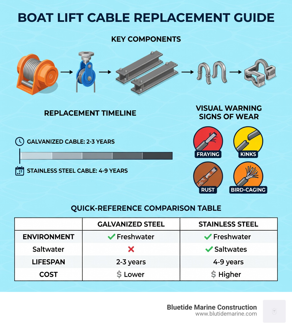 Infographic showing boat lift cable components including winch drum, pulley system, cradle beams, thimbles, and clamps; with replacement timeline showing galvanized cables at 2-3 years and stainless at 4-9 years; visual warning signs of wear including fraying, kinks, rust, and bird-caging; and a quick-reference table comparing galvanized vs stainless steel cable by environment, lifespan, and cost - boat lift cable replacement infographic 