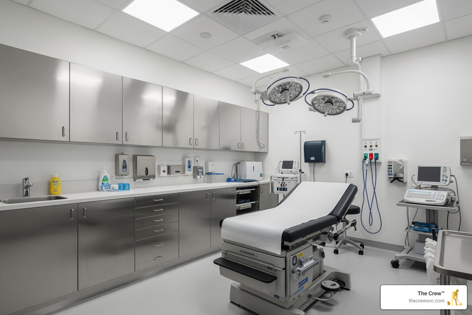 a sanitized medical examination room with gleaming surfaces and professional medical equipment, highlighting the high standards of clinical cleanliness - commercial cleaning services