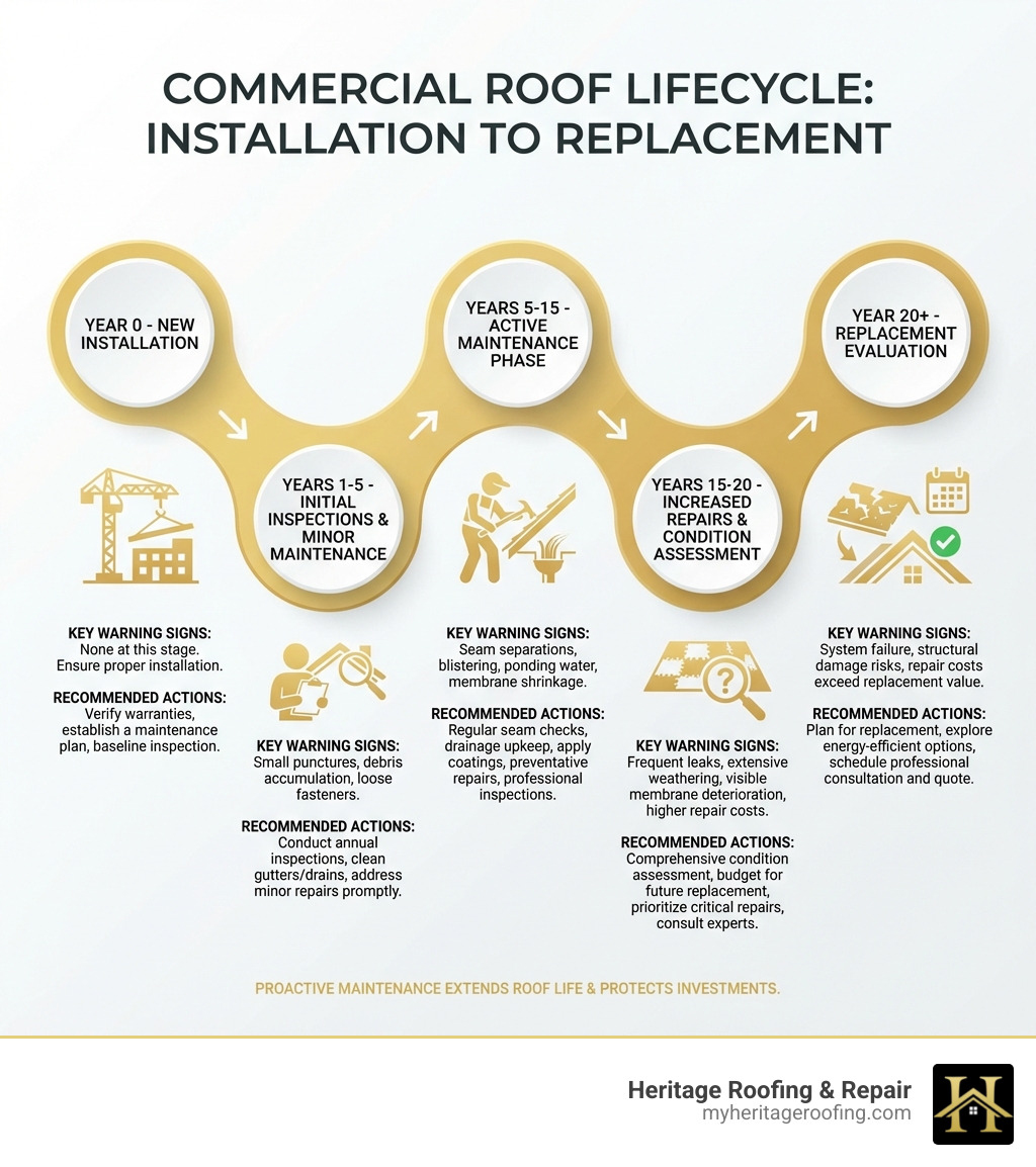 Infographic showing the lifecycle of a commercial roof from installation to replacement, with labeled stages: Year 0 - New Installation, Years 1-5 - Initial Inspections & Minor Maintenance, Years 5-15 - Active Maintenance Phase with seam checks and drainage upkeep, Years 15-20 - Increased Repairs and Condition Assessment, Year 20+ - Replacement Evaluation; each stage includes key warning signs and recommended actions - roofing services for commercial building infographic Infographic showing the lifecycle of a commercial roof from installation to replacement, with labeled stages: Year 0 - New Installation, Years 1-5 - Initial Inspections & Minor Maintenance, Years 5-15 - Active Maintenance Phase with seam checks and drainage upkeep, Years 15-20 - Increased Repairs and Condition Assessment, Year 20+ - Replacement Evaluation; each stage includes key warning signs and recommended actions - roofing services for commercial building infographic