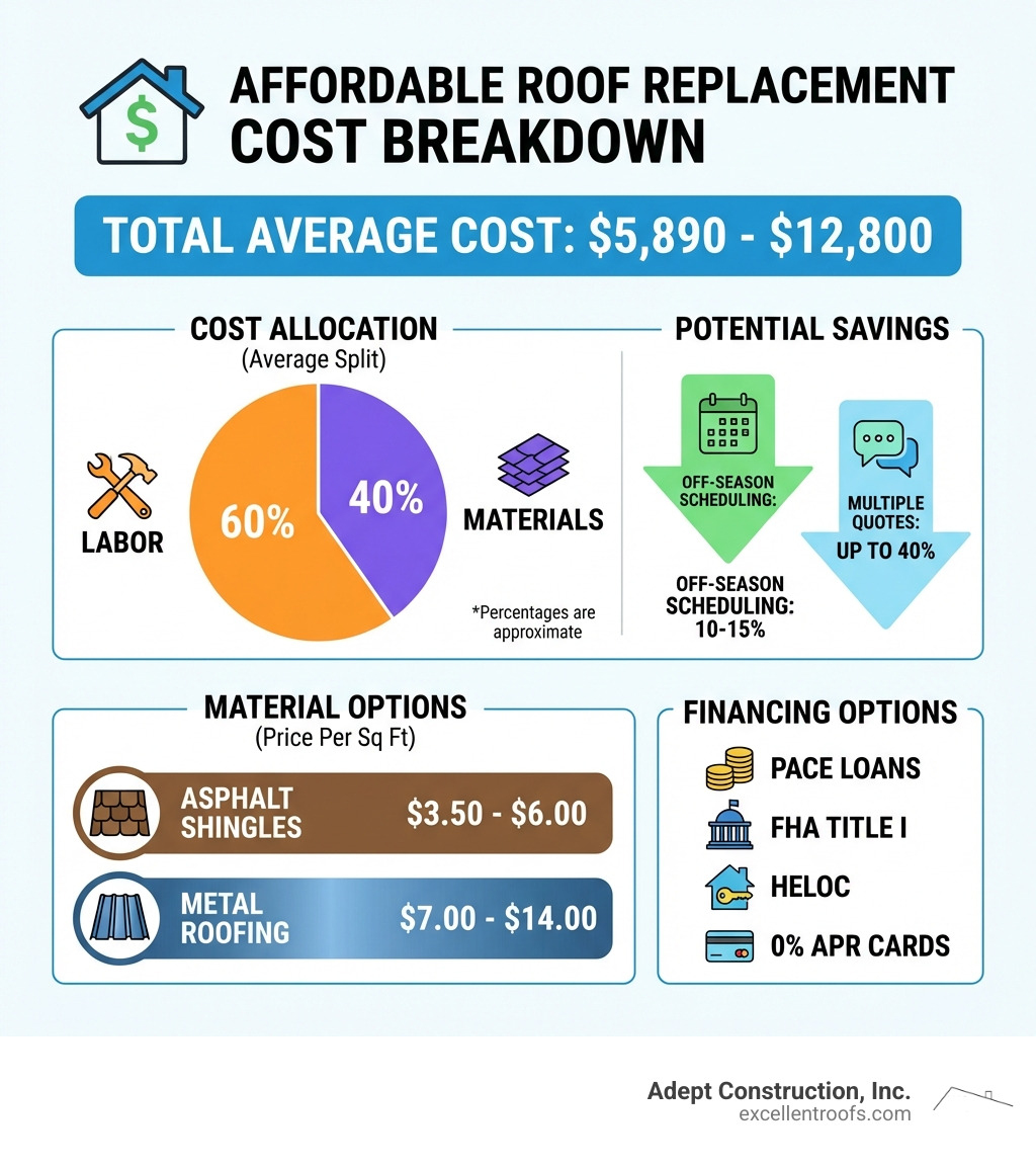 Infographic showing the breakdown of affordable roof replacement costs: total average cost $5,890-$12,800, labor 60% of total, materials 40%, asphalt shingles $3.50-$6/sq ft, metal roofing $7-$14/sq ft, potential savings from off-season scheduling 10-15%, potential savings from multiple quotes up to 40%, financing options including PACE loans, FHA Title I, HELOC, and 0% APR cards - affordable roof replacement infographic Infographic showing the breakdown of affordable roof replacement costs: total average cost $5,890-$12,800, labor 60% of total, materials 40%, asphalt shingles $3.50-$6/sq ft, metal roofing $7-$14/sq ft, potential savings from off-season scheduling 10-15%, potential savings from multiple quotes up to 40%, financing options including PACE loans, FHA Title I, HELOC, and 0% APR cards - affordable roof replacement infographic