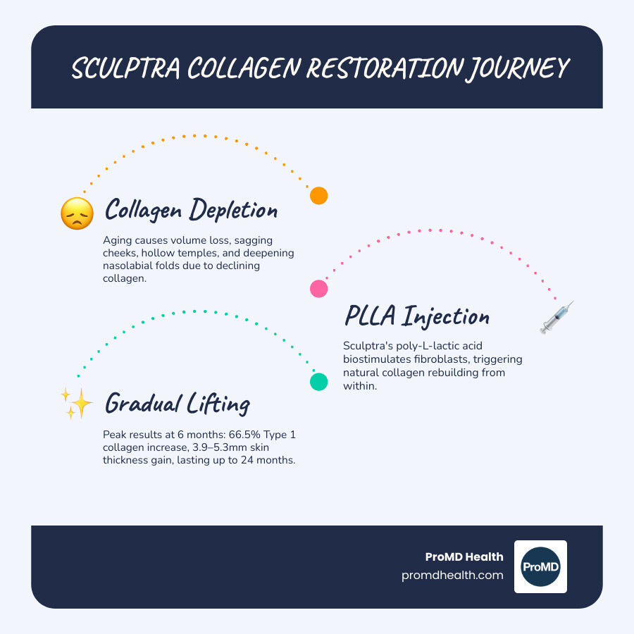 Infographic showing the progression from collagen depletion and facial volume loss on the left, to Sculptra PLLA injection in the middle, to gradual collagen restoration and facial lifting on the right — with key stats: 66.5% increase in Type 1 collagen, 3.9–5.3mm skin thickness improvement, results lasting up to 24 months, and 89% of patients reporting restored facial harmony at 3 months - sculptra for face lifting infographic infographic-line-3-steps-blues-accent_colors Infographic showing the progression from collagen depletion and facial volume loss on the left, to Sculptra PLLA injection in the middle, to gradual collagen restoration and facial lifting on the right — with key stats: 66.5% increase in Type 1 collagen, 3.9–5.3mm skin thickness improvement, results lasting up to 24 months, and 89% of patients reporting restored facial harmony at 3 months - sculptra for face lifting infographic infographic-line-3-steps-blues-accent_colors