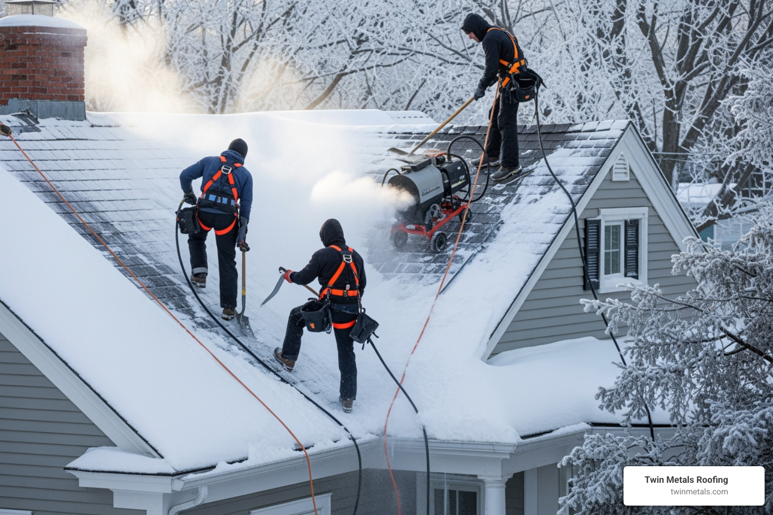 Professional ice dam removal being performed on a residential roof in Arlington MA during winter - Roofing Services Arlington MA Professional ice dam removal being performed on a residential roof in Arlington MA during winter - Roofing Services Arlington MA