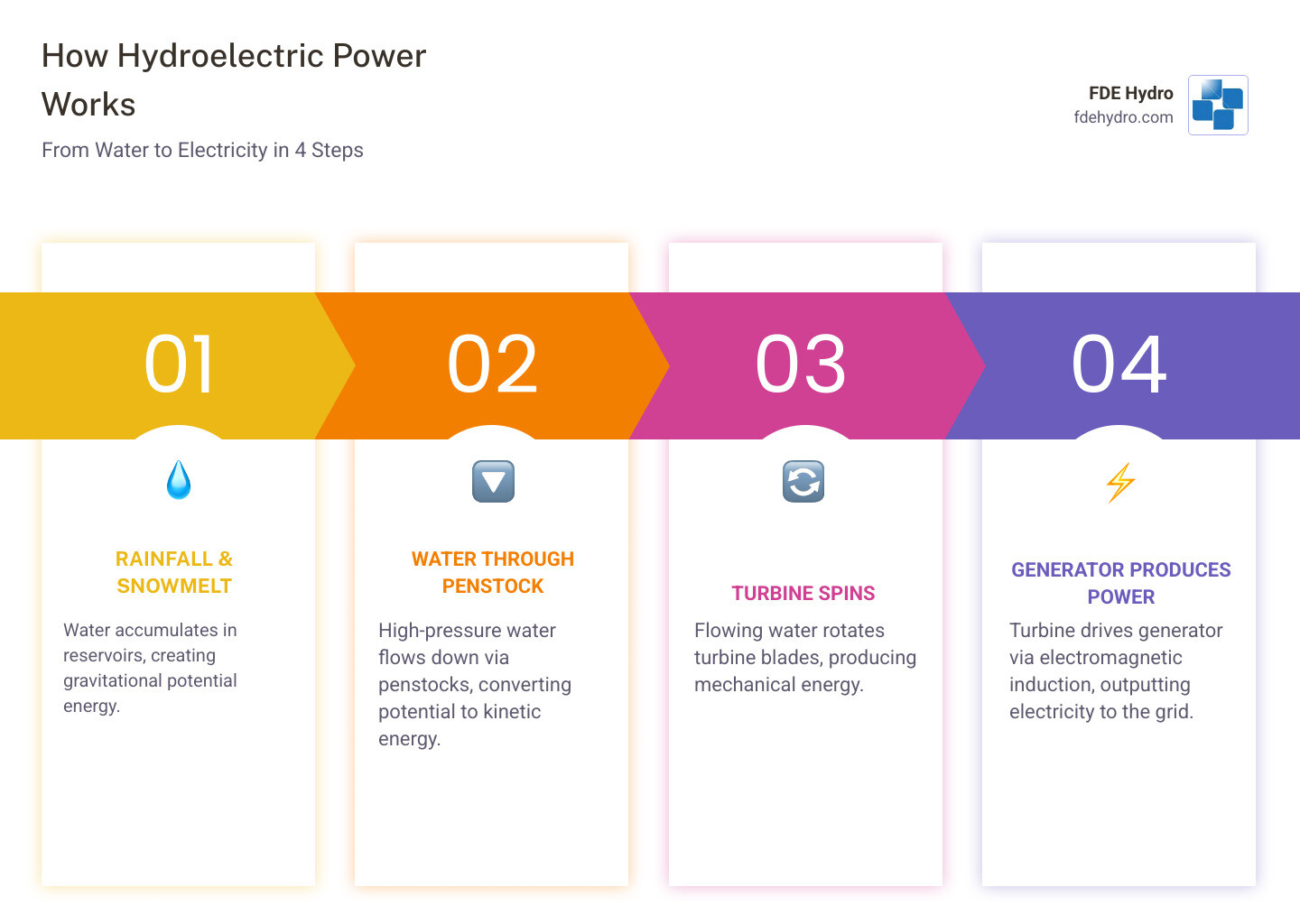 Infographic showing the definition for hydroelectric power: a step-by-step diagram of the hydrologic cycle and energy conversion process, including rainfall and snowmelt feeding a reservoir, water flows through a penstock to a turbine, the turbine driving a generator to produce electricity, and transmission lines delivering power to homes and cities, with labeled annotations for hydraulic head, flow rate, kinetic energy, potential energy, and renewable cycle - definition for hydroelectric power infographic pillar-4-steps