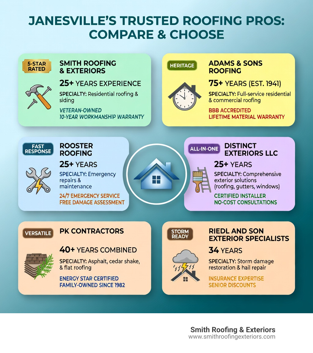 Infographic showing top Janesville WI roofing contractors with their years of experience, specialties, and key differentiators such as certifications, emergency services, veteran discounts, and warranty offerings, laid out in a clean comparison format for Rock County homeowners - janesville wi roofing infographic Infographic showing top Janesville WI roofing contractors with their years of experience, specialties, and key differentiators such as certifications, emergency services, veteran discounts, and warranty offerings, laid out in a clean comparison format for Rock County homeowners - janesville wi roofing infographic