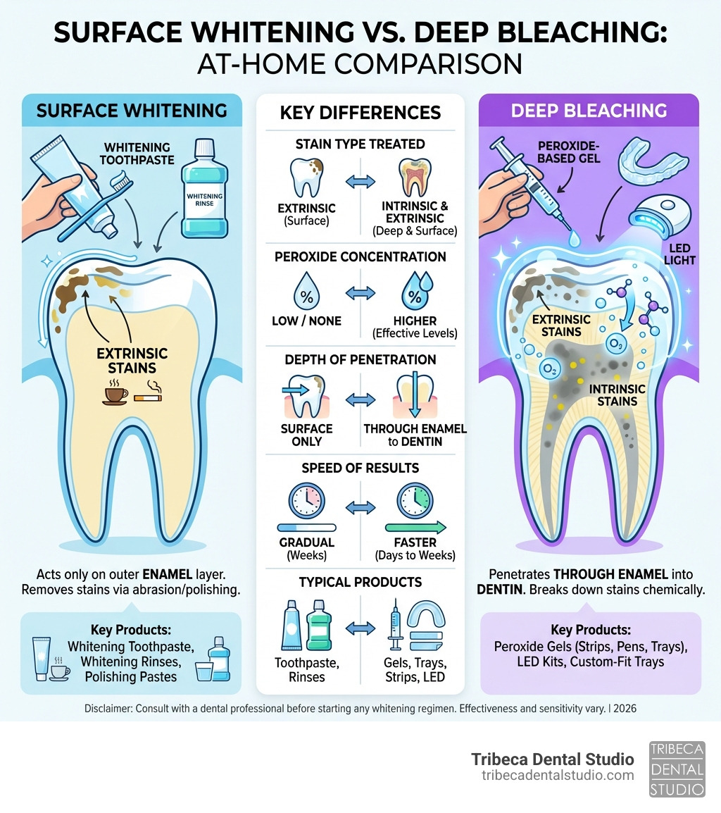 Infographic comparing surface whitening vs deep bleaching: left side shows surface whitening with whitening toothpaste and rinses acting only on the outer enamel layer to remove extrinsic stains; right side shows deep bleaching with peroxide-based gels and trays penetrating through enamel into dentin to break down intrinsic stains; center column lists key differences including stain type treated, peroxide concentration, depth of penetration, speed of results, and typical products used - bleaching teeth at home infographic Infographic comparing surface whitening vs deep bleaching: left side shows surface whitening with whitening toothpaste and rinses acting only on the outer enamel layer to remove extrinsic stains; right side shows deep bleaching with peroxide-based gels and trays penetrating through enamel into dentin to break down intrinsic stains; center column lists key differences including stain type treated, peroxide concentration, depth of penetration, speed of results, and typical products used - bleaching teeth at home infographic