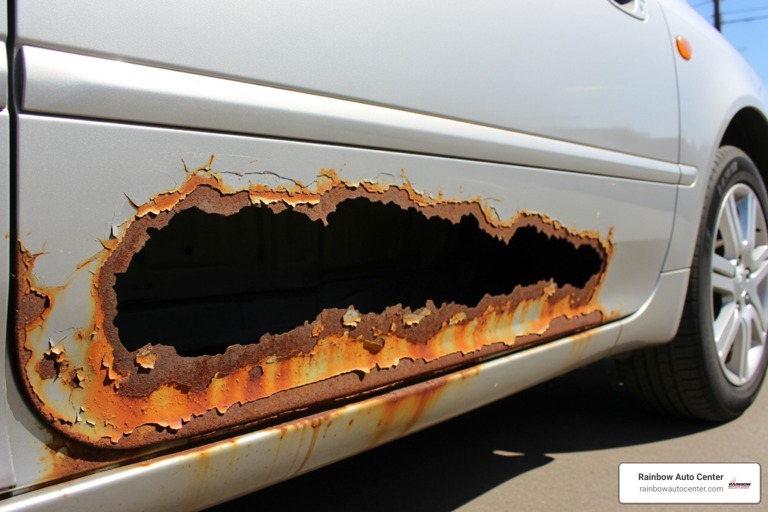 Rust eating through a lower door panel on a silver sedan, showing jagged holes and flaking orange metal common in advanced corrosion cases - auto rust repair near me