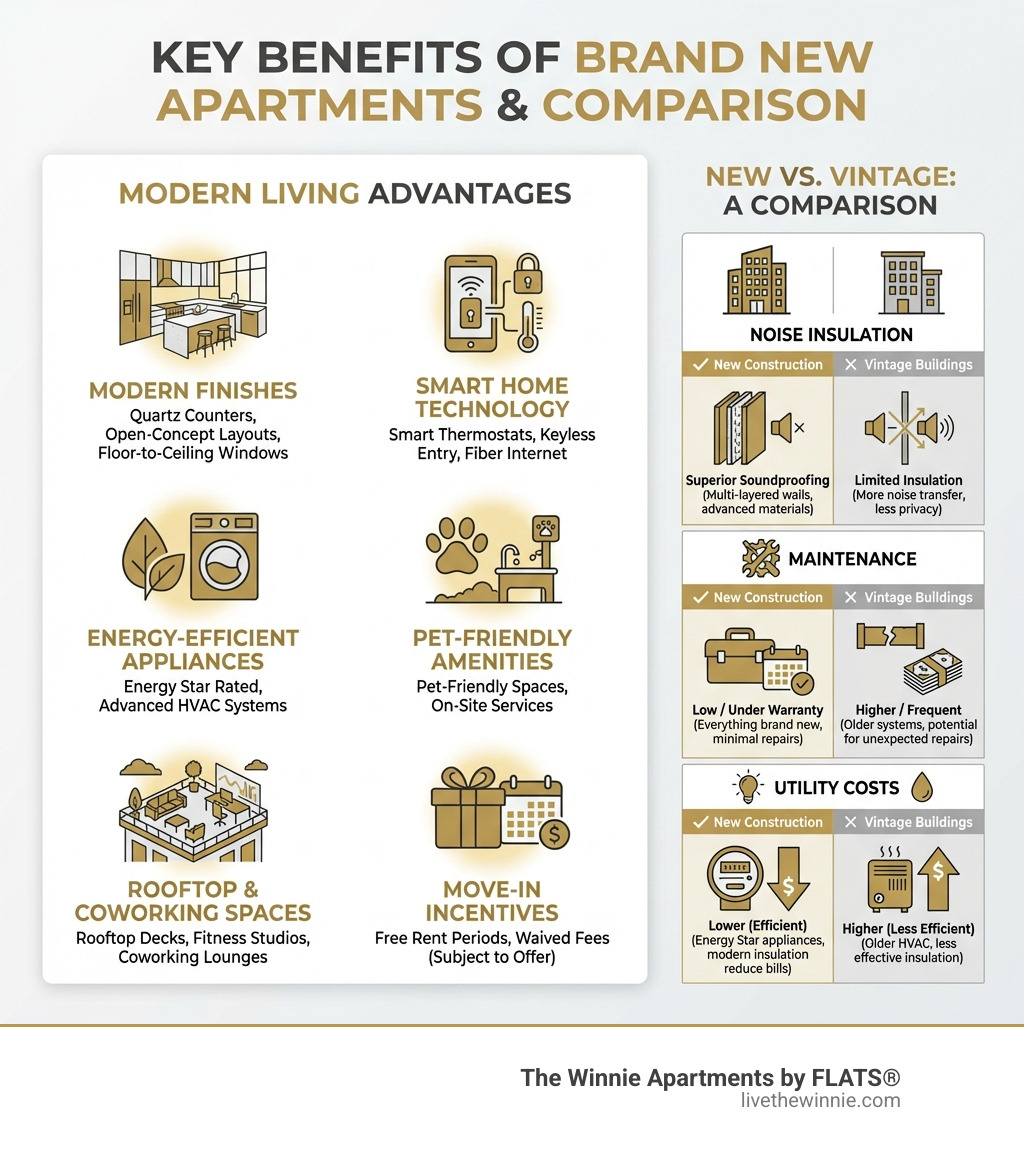 Infographic showing key benefits of brand new apartments including modern finishes, smart home technology, energy-efficient appliances, pet-friendly amenities, rooftop and coworking spaces, and move-in incentives like free rent periods, with icons for each benefit and a comparison column showing how new construction differs from vintage buildings on noise insulation, maintenance, and utility costs - brand new apartments infographic 