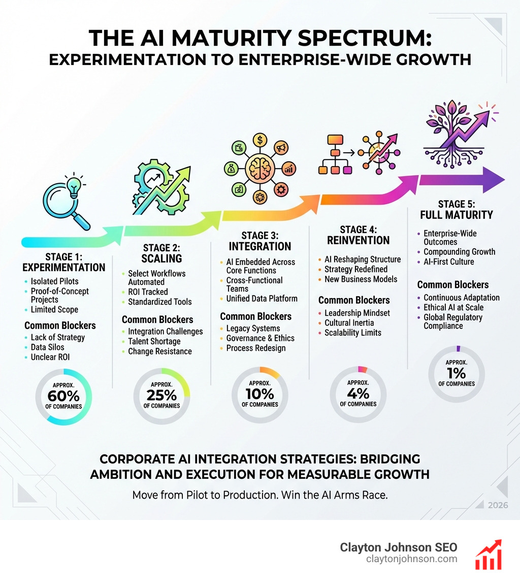 Infographic showing the AI maturity spectrum from left to right: Stage 1 Experimentation with isolated pilots and proof-of-concept projects, Stage 2 Scaling with select workflows automated and ROI being tracked, Stage 3 Integration with AI embedded across core business functions, Stage 4 Reinvention with AI reshaping organizational structure and strategy, Stage 5 Full Maturity with AI driving enterprise-wide outcomes and compounding growth - each stage labeled with key characteristics, common blockers, and the percentage of companies currently at that level - corporate ai integration strategies infographic 