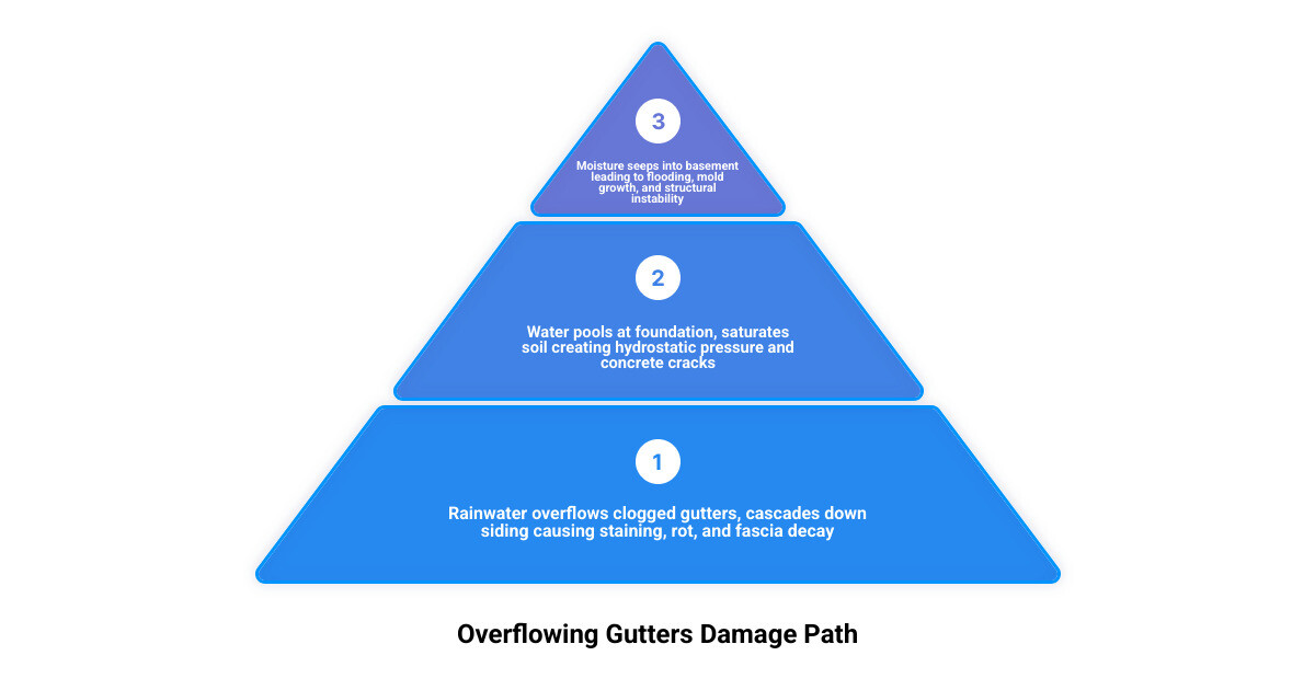 Infographic showing the path of water damage from a clogged gutter: rainwater overflows gutter edge, runs down siding causing staining and rot, pools at foundation causing soil saturation and cracks, seeps into basement causing flooding and mold, with labels for each damage stage and a note that 1 inch of rain produces 1,900 gallons of runoff on an average roof - overflowing gutters damage infographic 3_stage_pyramid Infographic showing the path of water damage from a clogged gutter: rainwater overflows gutter edge, runs down siding causing staining and rot, pools at foundation causing soil saturation and cracks, seeps into basement causing flooding and mold, with labels for each damage stage and a note that 1 inch of rain produces 1,900 gallons of runoff on an average roof - overflowing gutters damage infographic 3_stage_pyramid