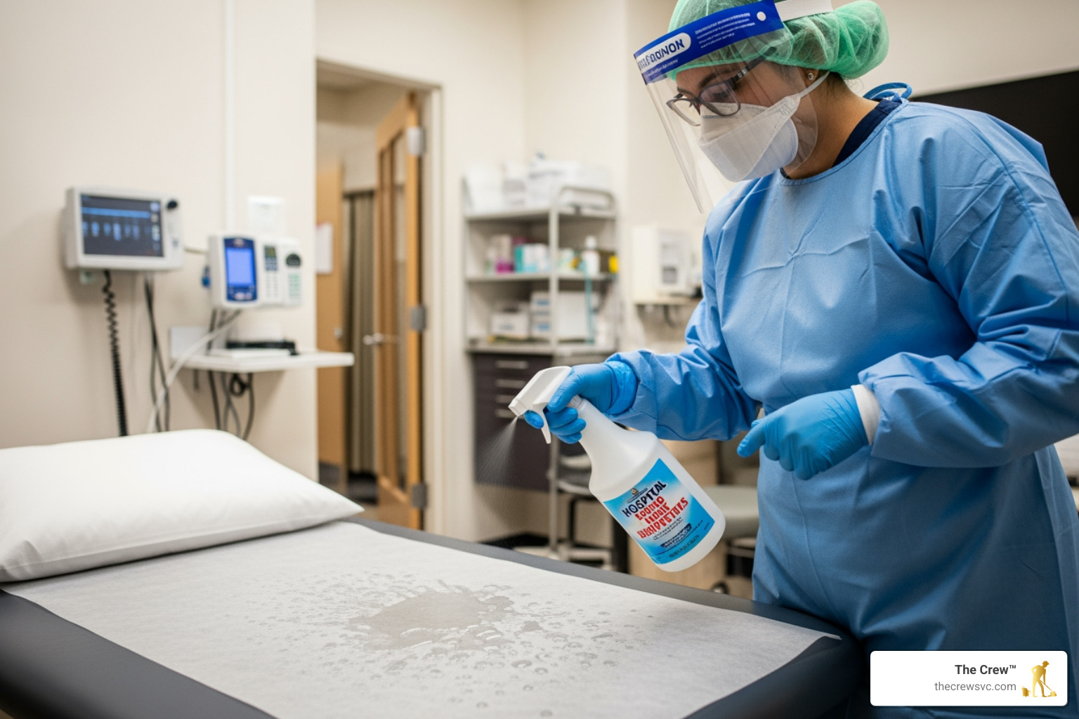 hospital-grade disinfectant being applied to a surface - medical office cleaning hospital-grade disinfectant being applied to a surface - medical office cleaning