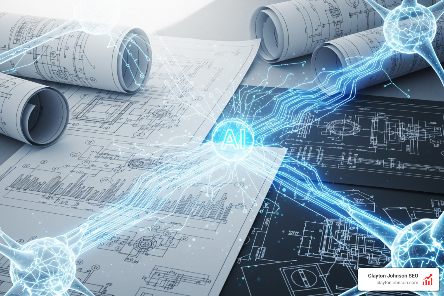 Complex manufacturing blueprints overlaid with glowing AI neural network paths, illustrating the friction between innovative design and legacy production systems - corporate ai integration strategies
