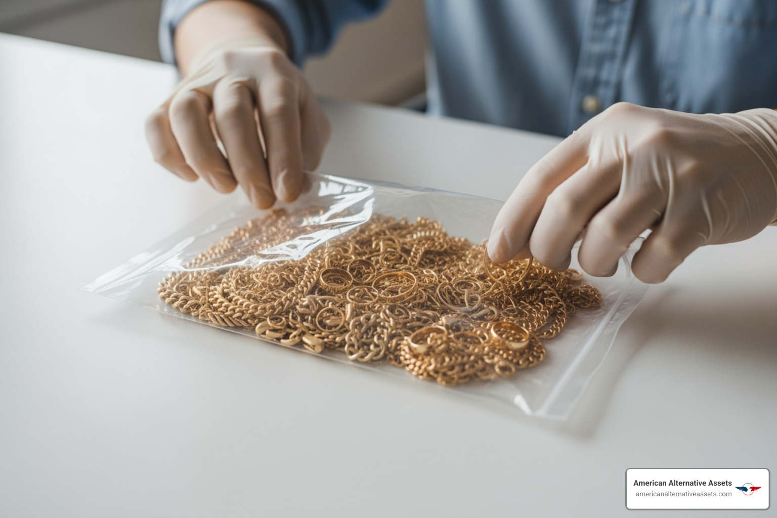 Gold jewelry being packed into a secure shipping bag - free gold kit Gold jewelry being packed into a secure shipping bag - free gold kit