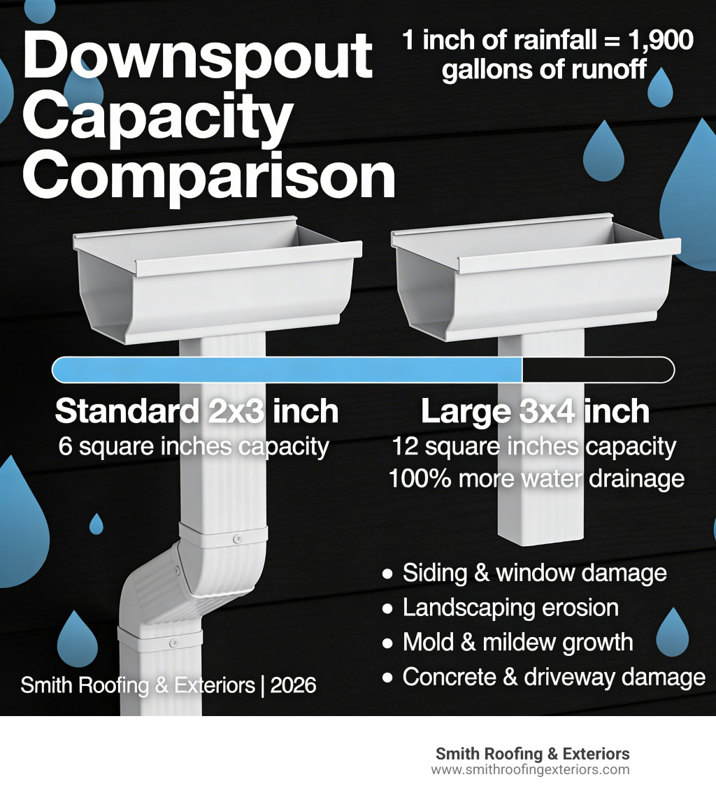 Comparison table of downspout capacities: Standard 2x3 inch downspout has 6 square inches of capacity; Large 3x4 inch downspout has 12 square inches of capacity, providing 100% more water drainage - overflowing gutters damage infographic Comparison table of downspout capacities: Standard 2x3 inch downspout has 6 square inches of capacity; Large 3x4 inch downspout has 12 square inches of capacity, providing 100% more water drainage - overflowing gutters damage infographic