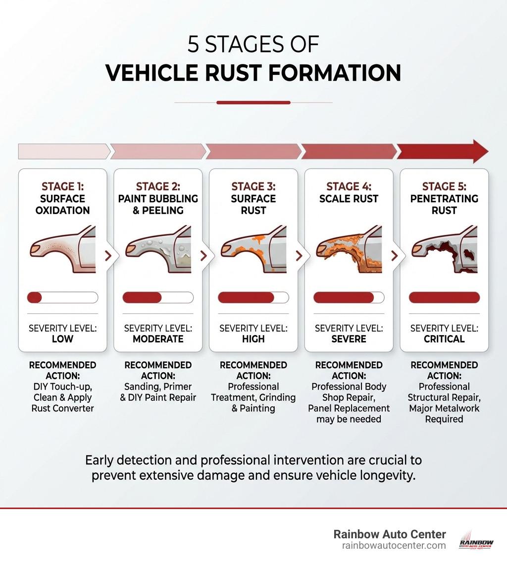 Infographic showing 5 stages of vehicle rust formation: Stage 1 - surface oxidation with light discoloration, Stage 2 - paint bubbling and peeling, Stage 3 - surface rust with visible orange patches, Stage 4 - scale rust with flaking and pitting, Stage 5 - penetrating rust with holes through metal; each stage labeled with severity level and recommended action from DIY touch-up to professional structural repair - auto rust repair near me infographic 