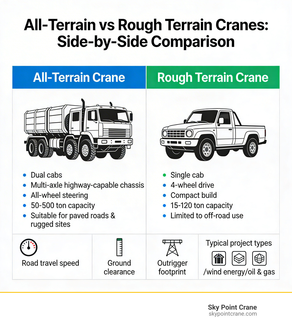 Infographic comparing all-terrain cranes vs rough terrain cranes: side-by-side layout showing all-terrain crane with dual cabs, multi-axle highway-capable chassis, all-wheel steering, 50-500 ton capacity, suitable for both paved roads and rugged sites; vs rough terrain crane with single cab, 4-wheel drive, compact build, 15-120 ton capacity, limited to off-road-only use; includes icons for road travel speed, ground clearance, outrigger footprint, and typical project types - all terrain crane hire infographic Infographic comparing all-terrain cranes vs rough terrain cranes: side-by-side layout showing all-terrain crane with dual cabs, multi-axle highway-capable chassis, all-wheel steering, 50-500 ton capacity, suitable for both paved roads and rugged sites; vs rough terrain crane with single cab, 4-wheel drive, compact build, 15-120 ton capacity, limited to off-road-only use; includes icons for road travel speed, ground clearance, outrigger footprint, and typical project types - all terrain crane hire infographic