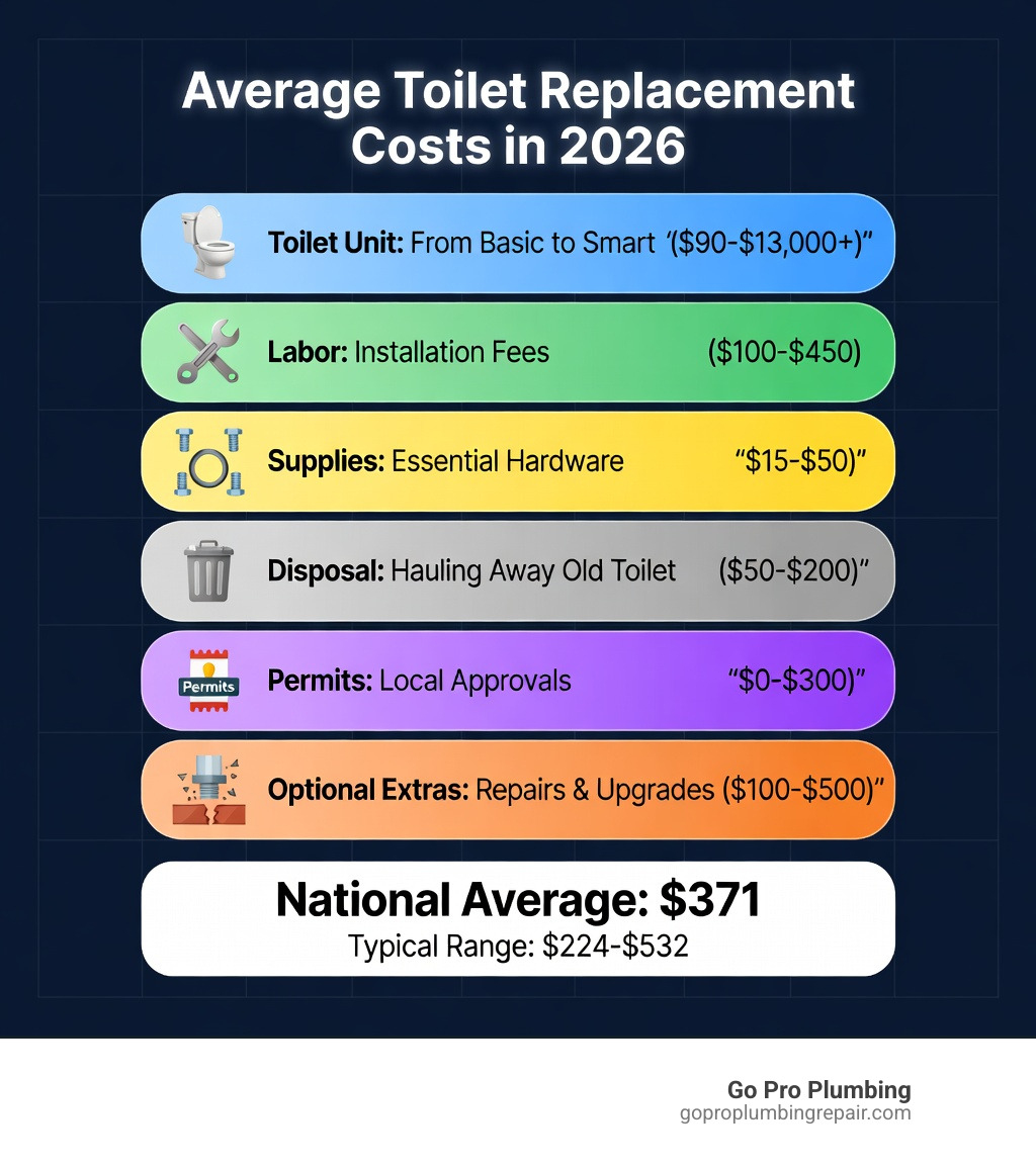Infographic showing breakdown of average toilet replacement cost: toilet unit $90-$13,000+, labor $100-$450, supplies like wax ring and bolts $15-$50, old toilet disposal $50-$200, permits $0-$300, and optional extras like flange repair $100-$400 and subfloor repair $200-$500, with a national average total of $371 and typical range of $224-$532 - average cost for toilet replacement infographic 