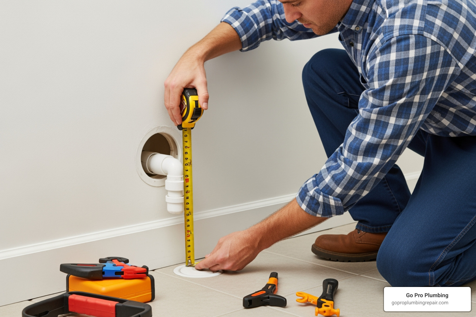 A professional plumber measuring a bathroom rough-in to ensure the new toilet fits the existing plumbing layout - average cost for toilet replacement