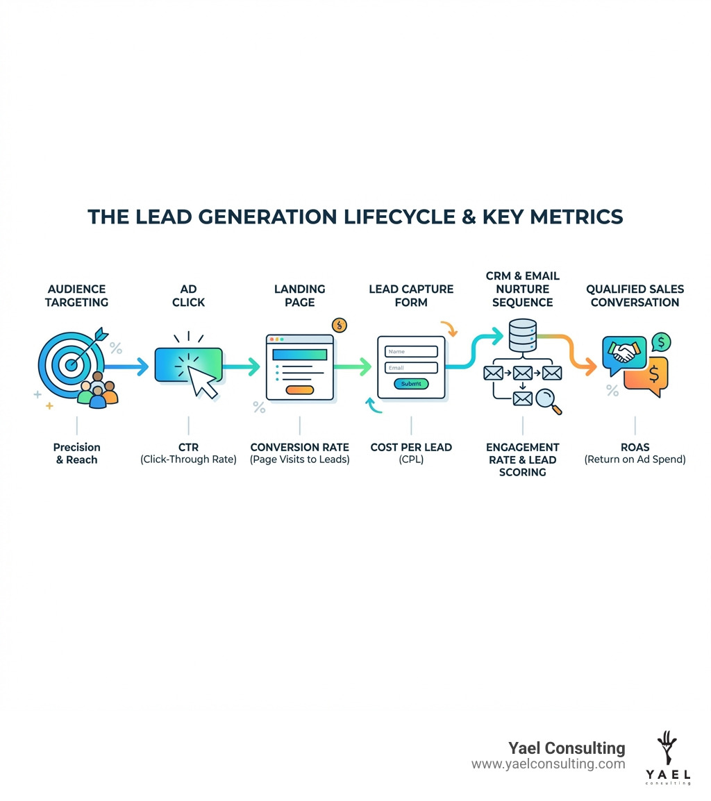 Infographic showing the lead generation lifecycle: Audience targeting leads to ad click, ad click leads to landing page, landing page leads to lead capture form, form submission leads to CRM and email nurture sequence, nurture sequence leads to qualified sales conversation, with key metrics shown at each stage including CTR, conversion rate, cost per lead, and ROAS - lead gen ad experts infographic Infographic showing the lead generation lifecycle: Audience targeting leads to ad click, ad click leads to landing page, landing page leads to lead capture form, form submission leads to CRM and email nurture sequence, nurture sequence leads to qualified sales conversation, with key metrics shown at each stage including CTR, conversion rate, cost per lead, and ROAS - lead gen ad experts infographic