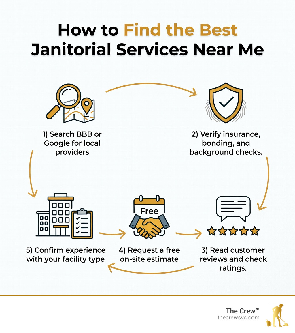 Infographic showing 5 key steps to finding reliable janitorial services near me: 1) Search BBB or Google for local providers, 2) Verify insurance, bonding, and background checks, 3) Read customer reviews and check ratings, 4) Request a free on-site estimate, 5) Confirm experience with your facility type — with icons for each step and a central headline reading 'How to Find the Best Janitorial Services Near Me' - janitorial services near me infographic Infographic showing 5 key steps to finding reliable janitorial services near me: 1) Search BBB or Google for local providers, 2) Verify insurance, bonding, and background checks, 3) Read customer reviews and check ratings, 4) Request a free on-site estimate, 5) Confirm experience with your facility type — with icons for each step and a central headline reading 'How to Find the Best Janitorial Services Near Me' - janitorial services near me infographic
