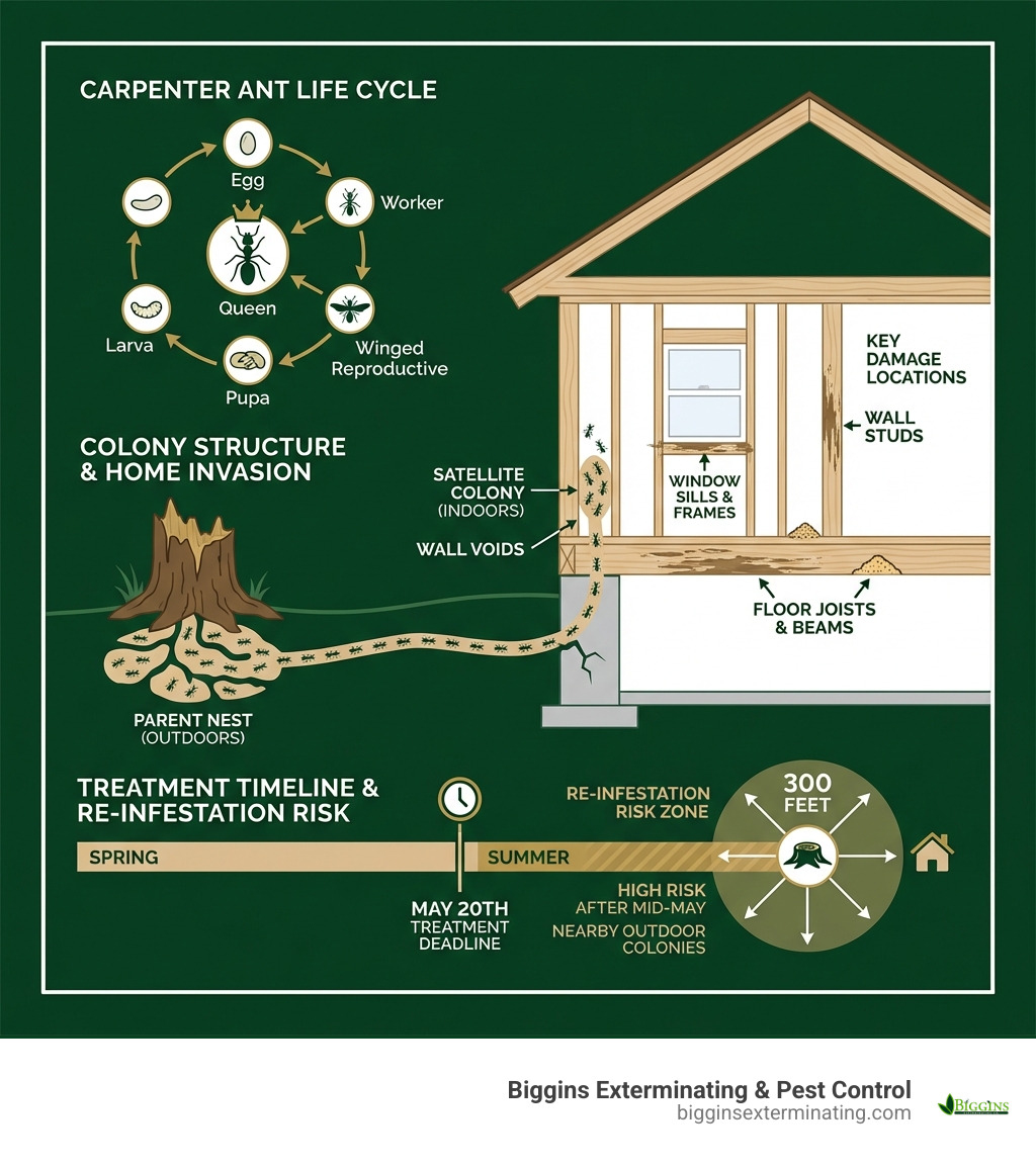 Infographic showing the carpenter ant life cycle from egg to queen, colony structure with parent nest outdoors and satellite colony indoors in wall voids, key damage locations in a home cross-section, and a timeline showing the May 20th treatment deadline with re-infestation risk zones within 300 feet of outdoor nests - carpenter ant control haverhill infographic Infographic showing the carpenter ant life cycle from egg to queen, colony structure with parent nest outdoors and satellite colony indoors in wall voids, key damage locations in a home cross-section, and a timeline showing the May 20th treatment deadline with re-infestation risk zones within 300 feet of outdoor nests - carpenter ant control haverhill infographic