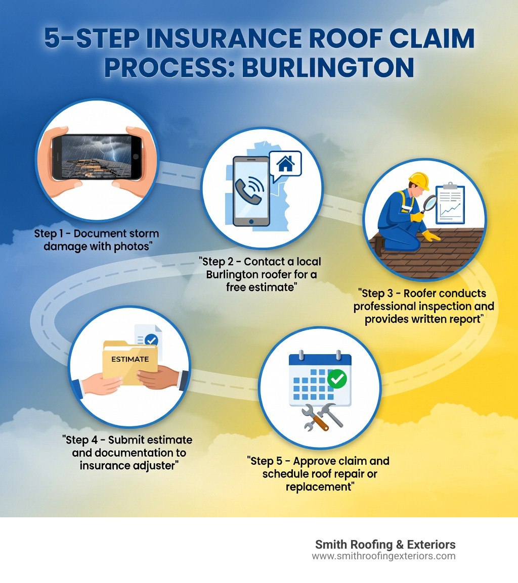 5-step infographic showing the insurance roof claim process: Step 1 - Document storm damage with photos, Step 2 - Contact a local Burlington roofer for a free estimate, Step 3 - Roofer conducts professional inspection and provides written report, Step 4 - Submit estimate and documentation to insurance adjuster, Step 5 - Approve claim and schedule roof repair or replacement - free roof estimate burlington infographic 5-step infographic showing the insurance roof claim process: Step 1 - Document storm damage with photos, Step 2 - Contact a local Burlington roofer for a free estimate, Step 3 - Roofer conducts professional inspection and provides written report, Step 4 - Submit estimate and documentation to insurance adjuster, Step 5 - Approve claim and schedule roof repair or replacement - free roof estimate burlington infographic