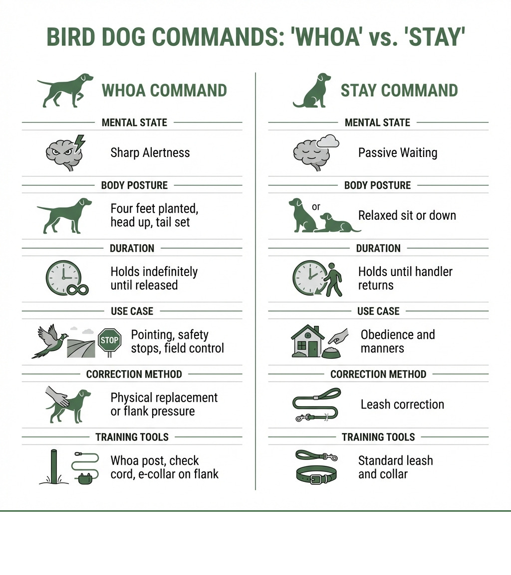 Infographic showing the differences between 'Whoa' and 'Stay' commands in bird dog training: two side-by-side columns comparing mental state (sharp alertness vs. passive waiting), body posture (four feet planted, head up, tail set vs. relaxed sit or down), duration (holds indefinitely until released vs. holds until handler returns), use case (pointing, safety stops, field control vs. obedience and manners), correction method (physical replacement or flank pressure vs. leash correction), and training tools (whoa post, check cord, e-collar on flank vs. standard leash and collar) - whoa training a bird dog infographic Infographic showing the differences between 'Whoa' and 'Stay' commands in bird dog training: two side-by-side columns comparing mental state (sharp alertness vs. passive waiting), body posture (four feet planted, head up, tail set vs. relaxed sit or down), duration (holds indefinitely until released vs. holds until handler returns), use case (pointing, safety stops, field control vs. obedience and manners), correction method (physical replacement or flank pressure vs. leash correction), and training tools (whoa post, check cord, e-collar on flank vs. standard leash and collar) - whoa training a bird dog infographic