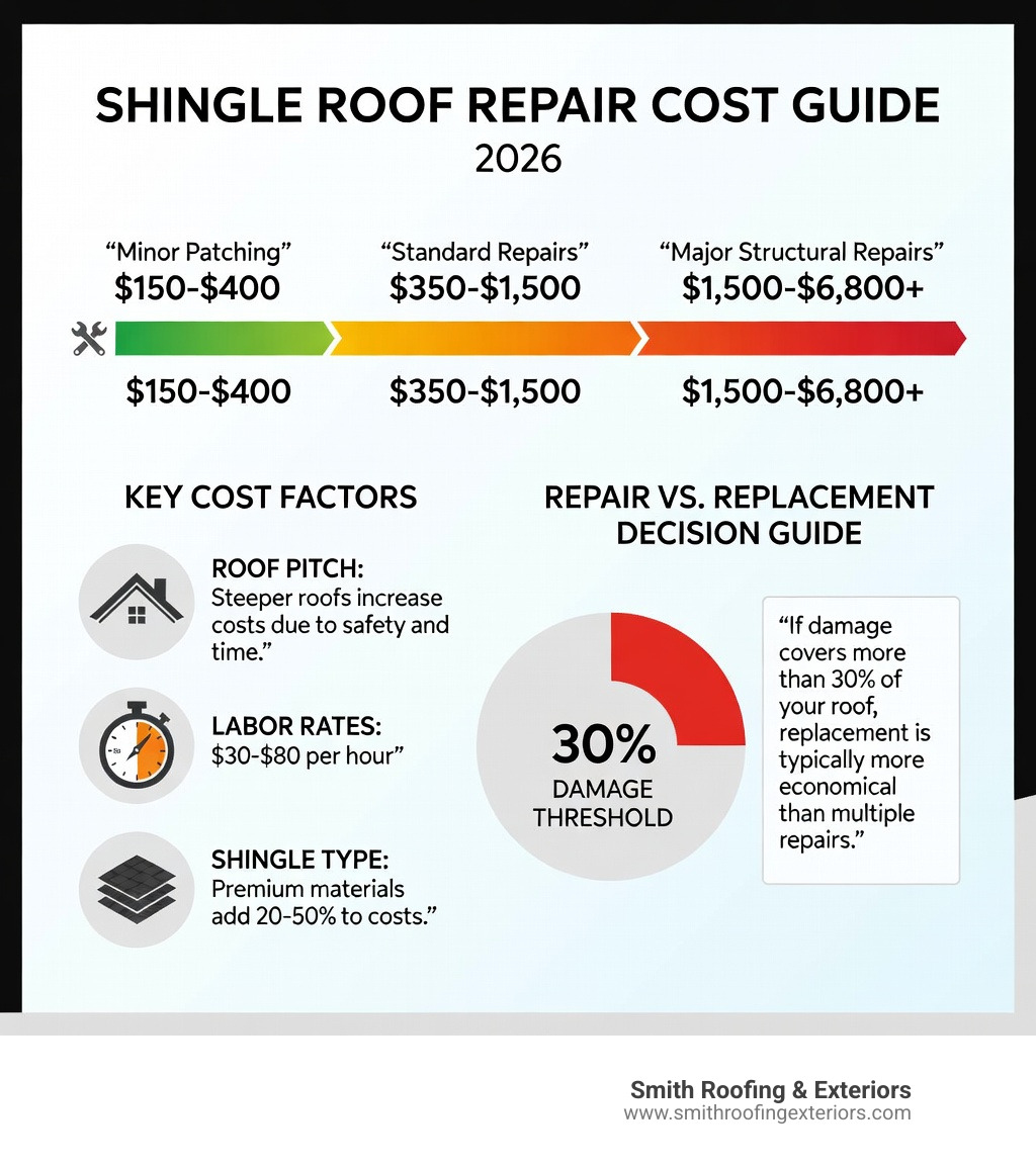 Infographic showing shingle roof repair cost ranges by damage type, from minor patching at $150-$400 to major structural repairs at $1,500-$6,800+, with key cost factors including roof pitch, labor rates of $30-$80/hr, shingle type, and a repair vs. replacement decision guide based on the 30% damage threshold rule - shingle roof repair cost infographic Infographic showing shingle roof repair cost ranges by damage type, from minor patching at $150-$400 to major structural repairs at $1,500-$6,800+, with key cost factors including roof pitch, labor rates of $30-$80/hr, shingle type, and a repair vs. replacement decision guide based on the 30% damage threshold rule - shingle roof repair cost infographic