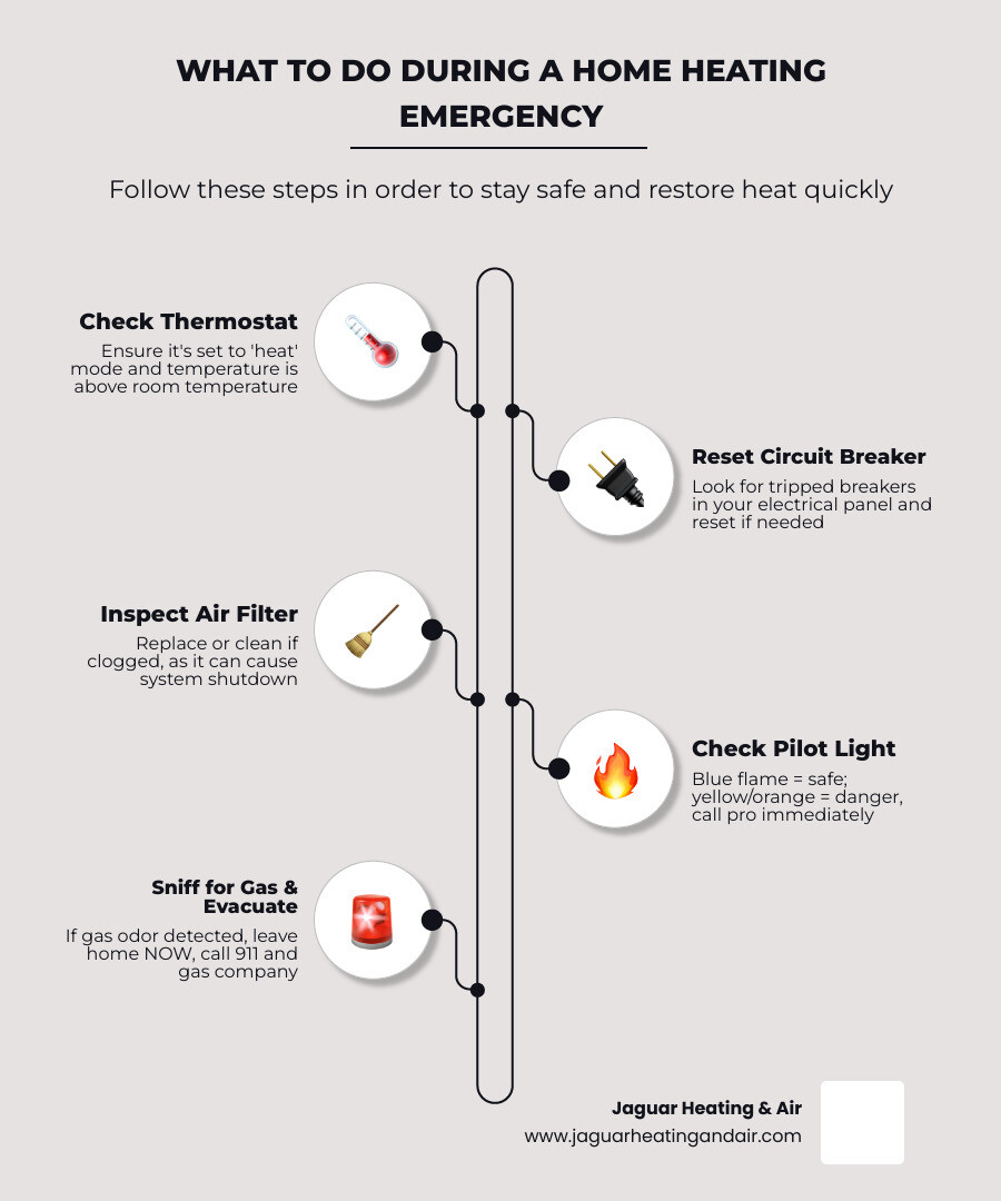 Step-by-step infographic showing what to do during a home heating emergency in Sacramento: Step 1 check thermostat settings, Step 2 reset circuit breaker, Step 3 inspect air filter, Step 4 check pilot light color (blue=safe, yellow=danger), Step 5 sniff for gas and evacuate if detected, Step 6 call 24/7 emergency HVAC service; includes icons for safety warnings, winter weather, and a phone - heating repair emergency in sacramento, ca infographic infographic-line-5-steps-elegant_beige