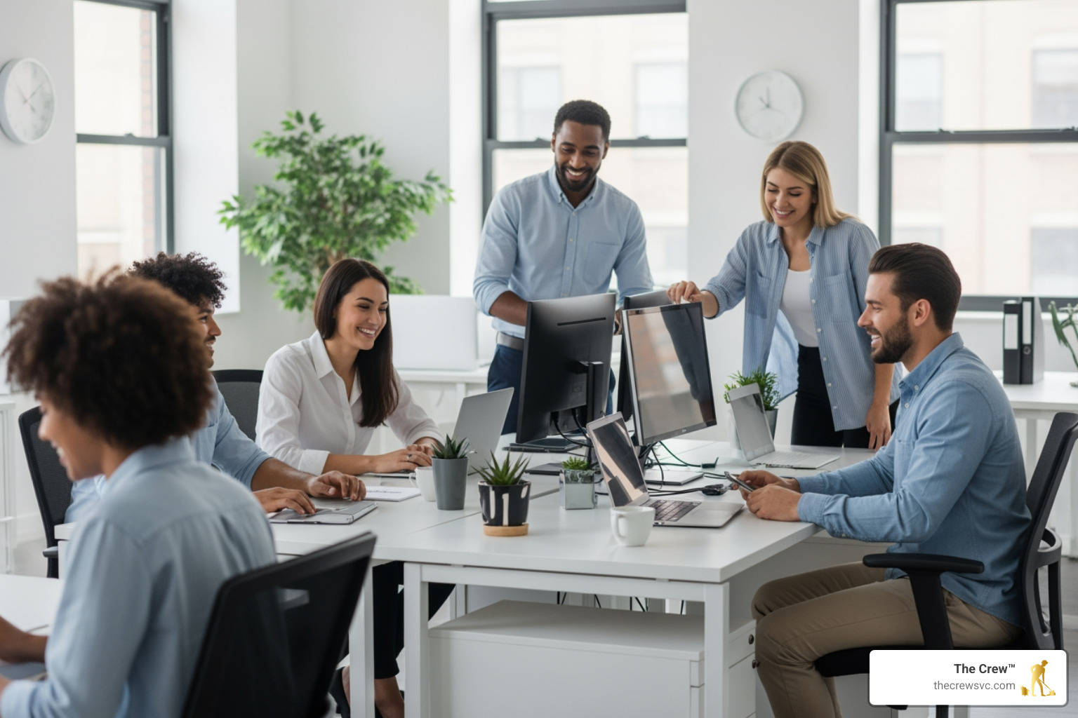 A healthy and productive office team working in a clean environment - janitorial services near me A healthy and productive office team working in a clean environment - janitorial services near me