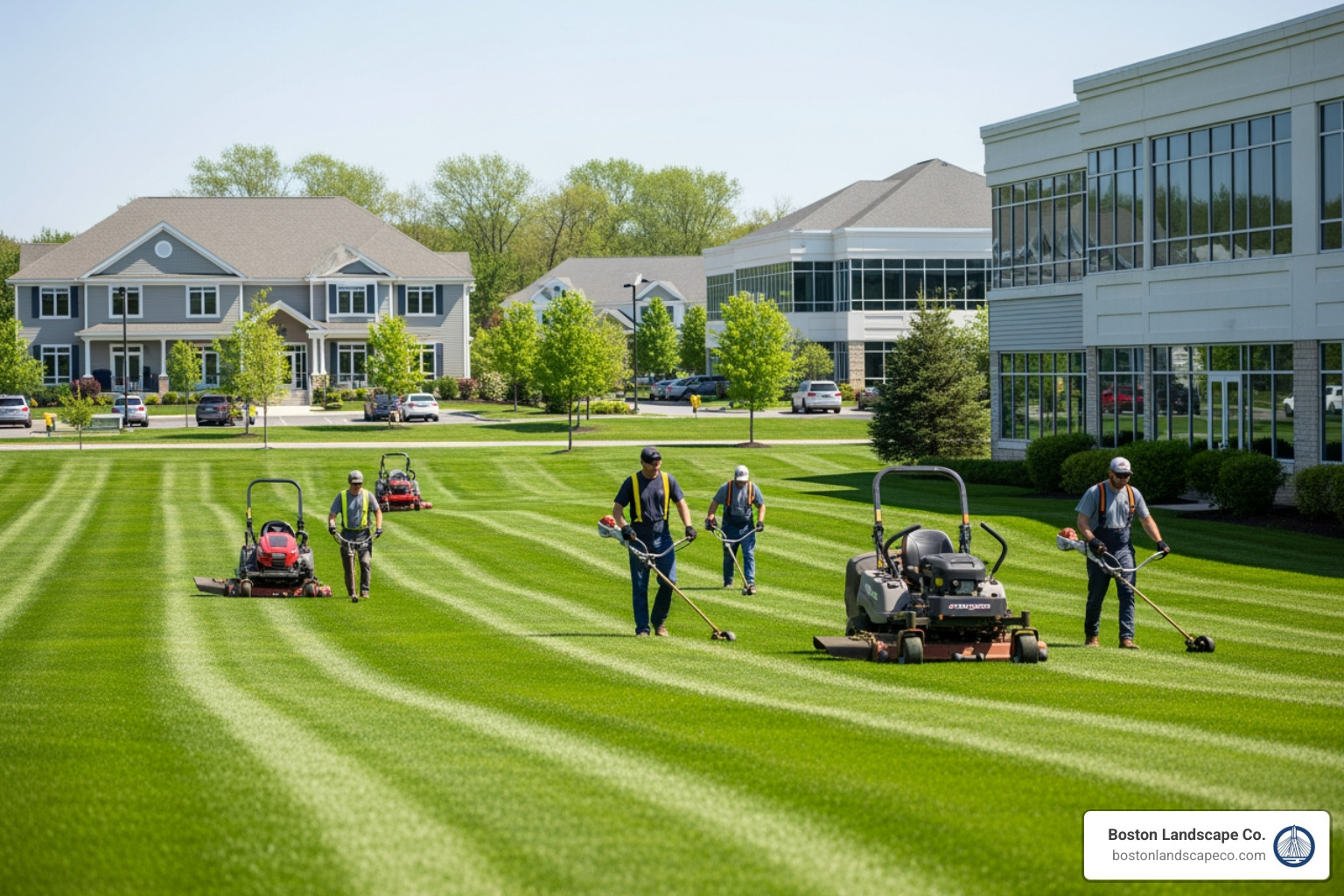 A professional lawn maintenance crew working on a large commercial property in Framingham - Commercial Landscaping Framingham MA A professional lawn maintenance crew working on a large commercial property in Framingham - Commercial Landscaping Framingham MA