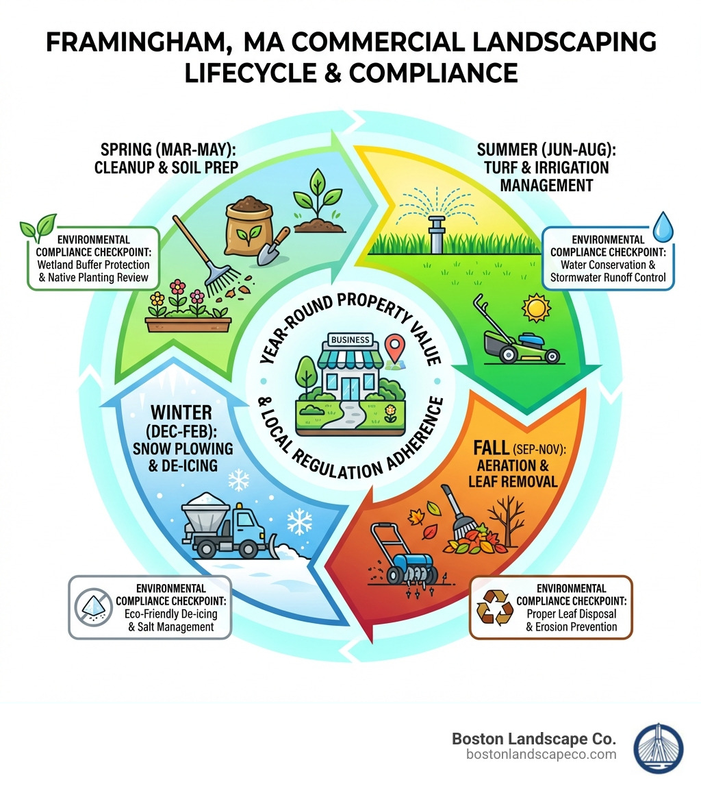 Infographic showing the commercial landscaping lifecycle for Framingham MA businesses: starting with spring cleanup and soil prep, moving through summer turf and irrigation management, transitioning to fall aeration and leaf removal, and ending with winter snow plowing and de-icing, with callouts for environmental compliance checkpoints at each stage - Commercial Landscaping Framingham MA infographic Infographic showing the commercial landscaping lifecycle for Framingham MA businesses: starting with spring cleanup and soil prep, moving through summer turf and irrigation management, transitioning to fall aeration and leaf removal, and ending with winter snow plowing and de-icing, with callouts for environmental compliance checkpoints at each stage - Commercial Landscaping Framingham MA infographic