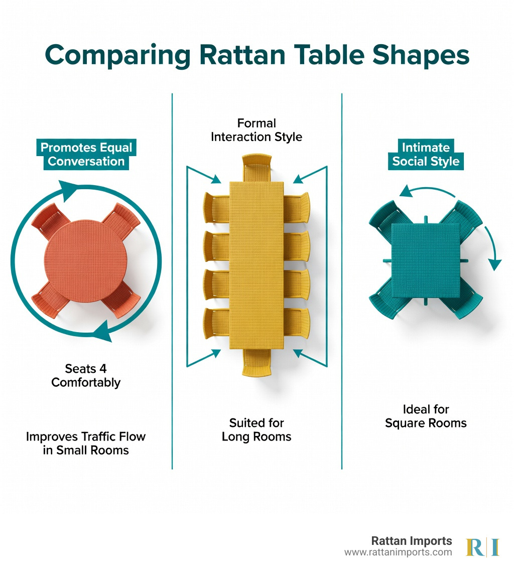 Infographic showing table shapes compared by seating capacity, room flow, and social interaction style — round rattan table seats 4 at 100-120cm, promotes equal conversation, improves traffic flow in small rooms; compared to rectangular (seats 6-8, formal, suits long rooms) and square (seats 4, compact, suits square rooms) - rattan round table infographic Infographic showing table shapes compared by seating capacity, room flow, and social interaction style — round rattan table seats 4 at 100-120cm, promotes equal conversation, improves traffic flow in small rooms; compared to rectangular (seats 6-8, formal, suits long rooms) and square (seats 4, compact, suits square rooms) - rattan round table infographic