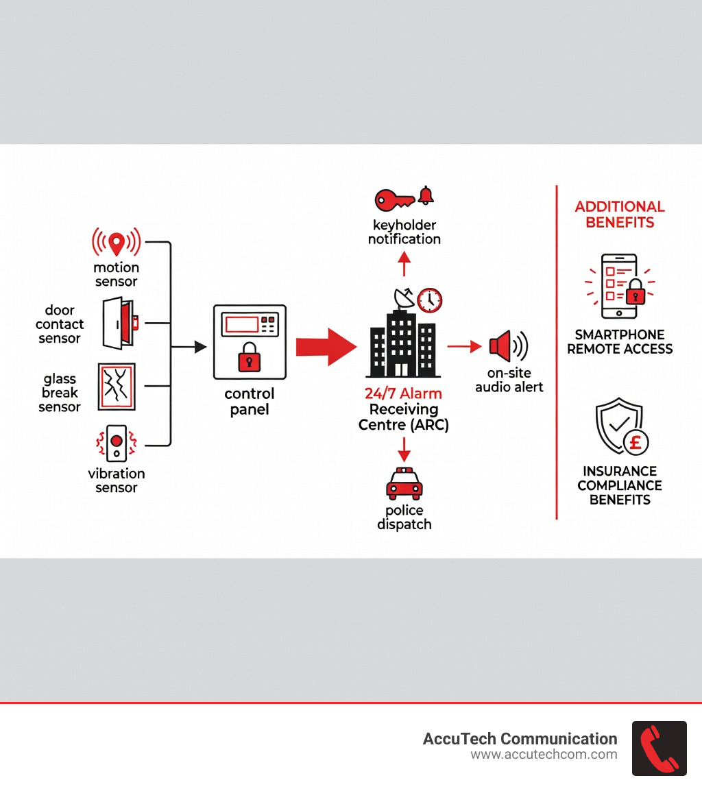 Infographic showing the core components of a commercial alarm system: sensors (motion, door contact, glass break, vibration) feeding into a central control panel, which connects to a 24/7 Alarm Receiving Centre (ARC), which then triggers three response paths — keyholder notification, police dispatch, and on-site audio alert — with a sidebar showing optional smartphone remote access and insurance compliance benefits - Business alarm systems Manchester infographic 