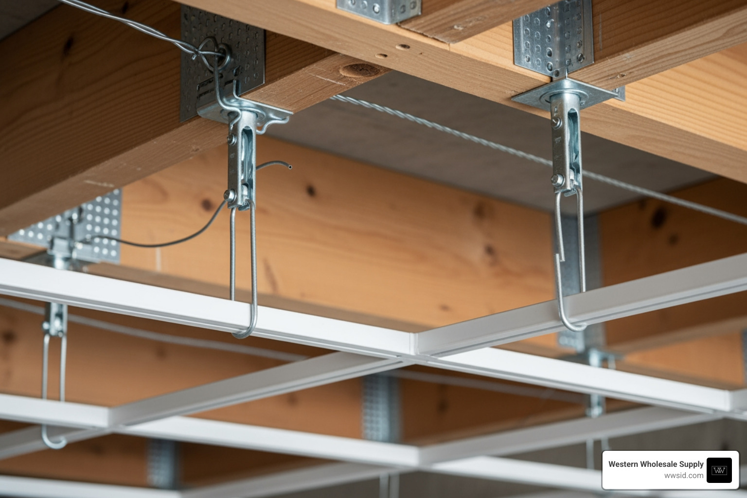Various metal and plastic ceiling clips including twist-lock designs and snap-on hooks laid out on a clean workbench - Ceiling grid hangers Various metal and plastic ceiling clips including twist-lock designs and snap-on hooks laid out on a clean workbench - Ceiling grid hangers