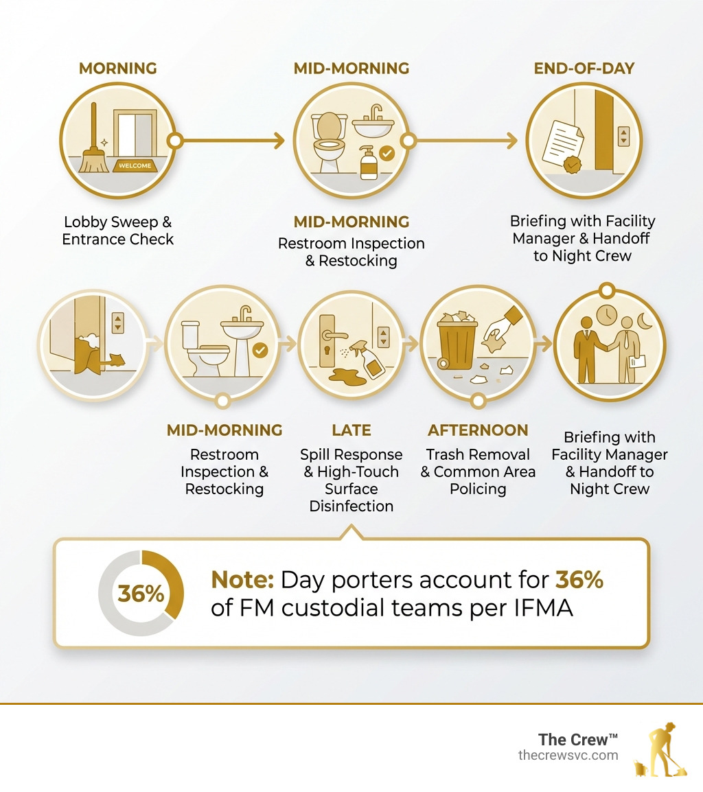 Infographic showing the daily workflow of a day porter: morning lobby sweep and entrance check → mid-morning restroom inspection and restocking → late morning spill response and high-touch surface disinfection → afternoon trash removal and common area policing → end-of-day briefing with facility manager and handoff to night cleaning crew; includes icons for each step and a note that day porters account for 36% of FM custodial teams per IFMA - day porter services infographic 