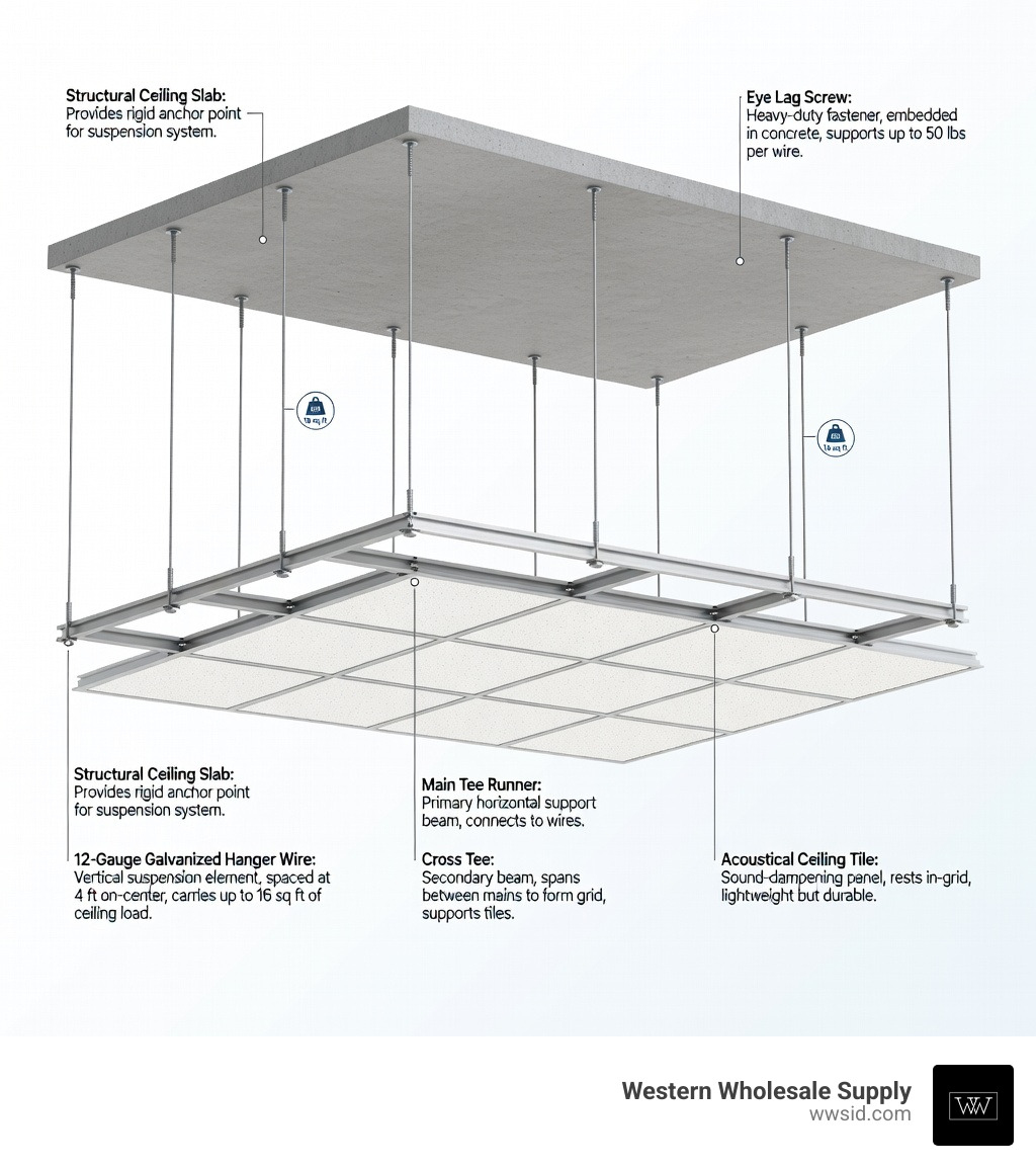 Infographic showing the anatomy of a drop ceiling system: structural ceiling at top, eye lag screws anchoring 12-gauge galvanized hanger wire hanging at 4-foot on-center intervals, wire connecting to main tee runners, cross tees spanning between mains to form a grid, and acoustical ceiling tiles laid into the grid below — with callouts labeling each component and its load role - Ceiling grid hangers infographic Infographic showing the anatomy of a drop ceiling system: structural ceiling at top, eye lag screws anchoring 12-gauge galvanized hanger wire hanging at 4-foot on-center intervals, wire connecting to main tee runners, cross tees spanning between mains to form a grid, and acoustical ceiling tiles laid into the grid below — with callouts labeling each component and its load role - Ceiling grid hangers infographic