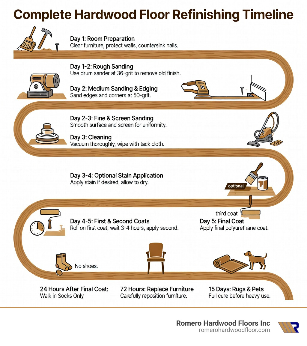 Infographic showing the complete hardwood floor refinishing timeline: Day 1 room prep and nail countersinking, Day 1-2 rough sanding with drum sander at 36-grit, Day 2 medium sanding at 50-grit and edge sanding, Day 2-3 fine sanding at 80-100 grit and screen sanding, Day 3 cleaning vacuuming and tack cloth, Day 3-4 optional stain application and drying, Day 4-5 first and second polyurethane coats with 3-4 hours between coats, Day 5 final coat, 24 hours before walking in socks, 72 hours before replacing furniture, 15 full days before placing rugs or allowing pets - hardwood floors refinished infographic Infographic showing the complete hardwood floor refinishing timeline: Day 1 room prep and nail countersinking, Day 1-2 rough sanding with drum sander at 36-grit, Day 2 medium sanding at 50-grit and edge sanding, Day 2-3 fine sanding at 80-100 grit and screen sanding, Day 3 cleaning vacuuming and tack cloth, Day 3-4 optional stain application and drying, Day 4-5 first and second polyurethane coats with 3-4 hours between coats, Day 5 final coat, 24 hours before walking in socks, 72 hours before replacing furniture, 15 full days before placing rugs or allowing pets - hardwood floors refinished infographic